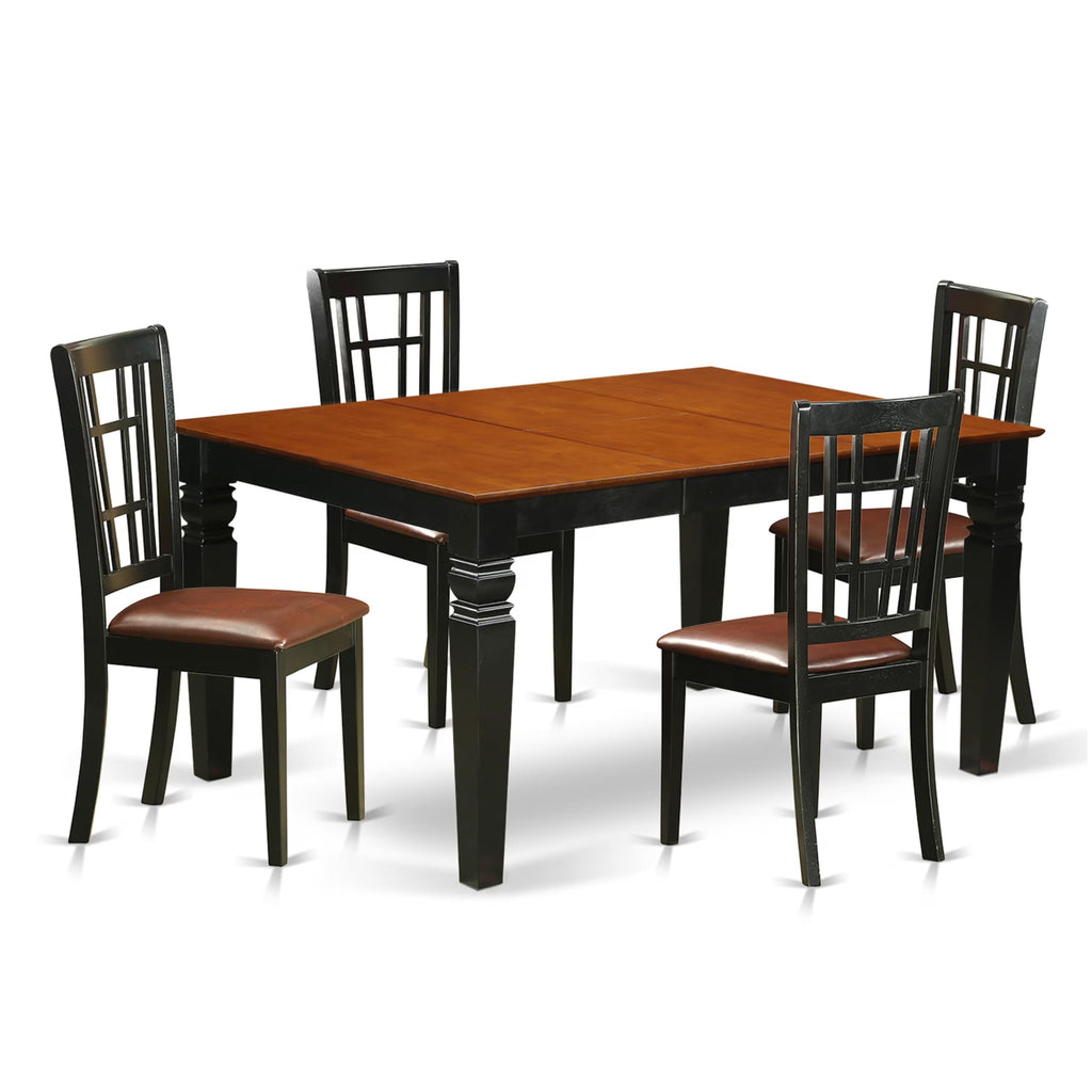 East West Furniture WENI5-BCH-LC 5 Piece Kitchen Table Set for 4 Includes a Rectangle Dining Table with Butterfly Leaf and 4 Faux Leather Dining Room Chairs, 42x60 Inch, Black & Cherry