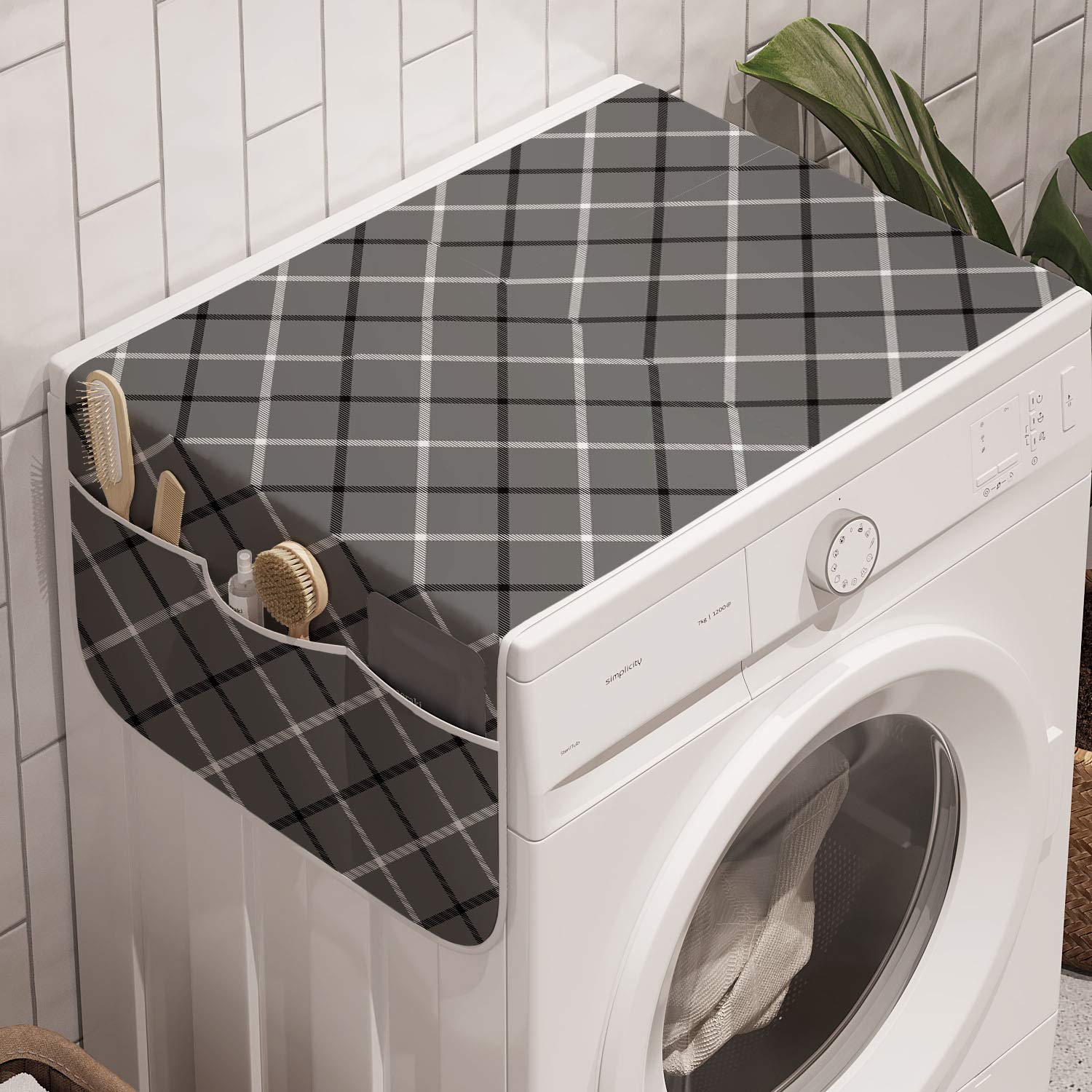 Lunarable Tartan Washing Machine Organizer, Geometric Simplicity Repetitive Pattern With Crossed Diagonal Lines, Anti-Slip Fabri