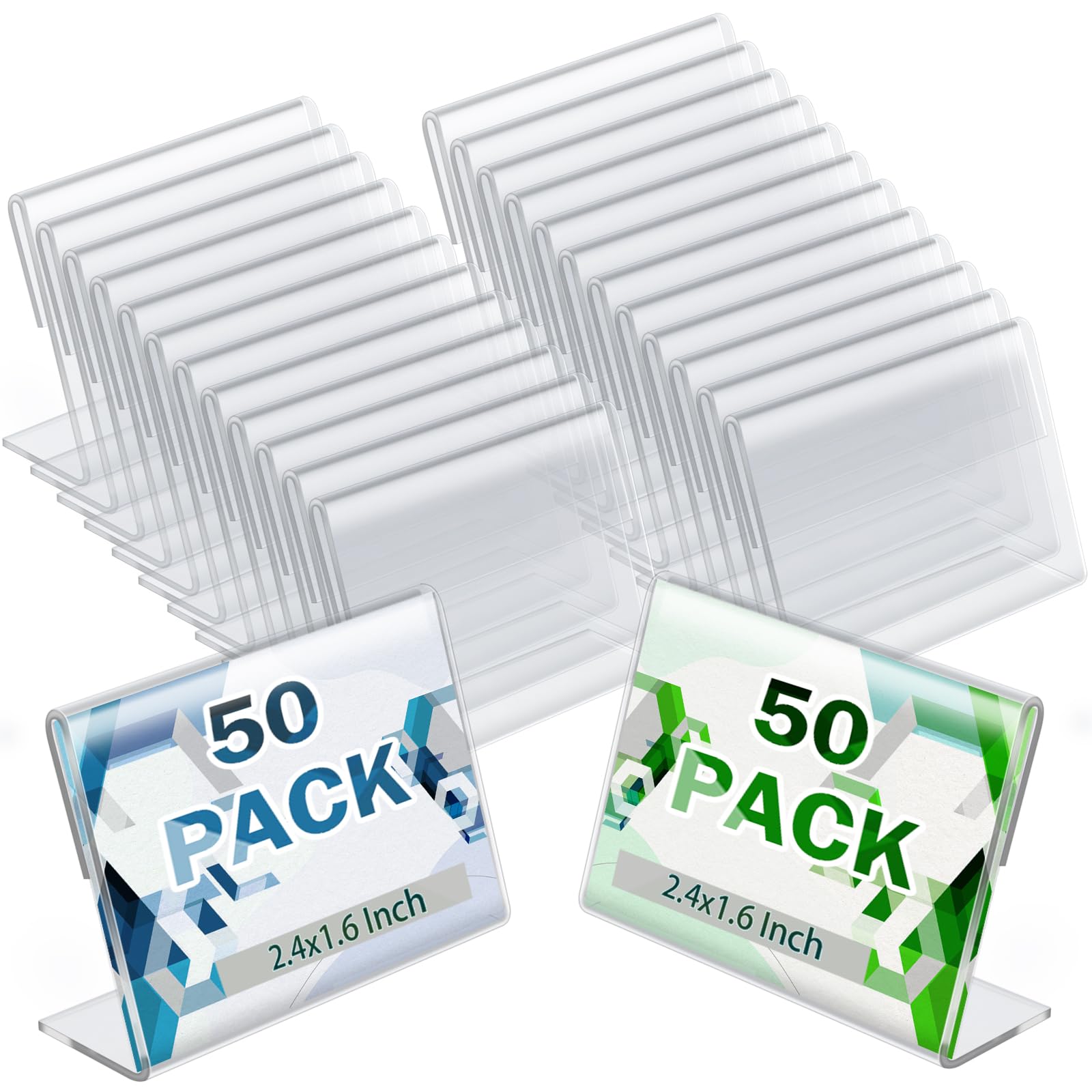 Billioteam 50Pack Mini Clear Sign Display Holder With Blank Labels,2.4*1.6 Inch Horizontal Slanted L-Shape Plastic Name Card Pri