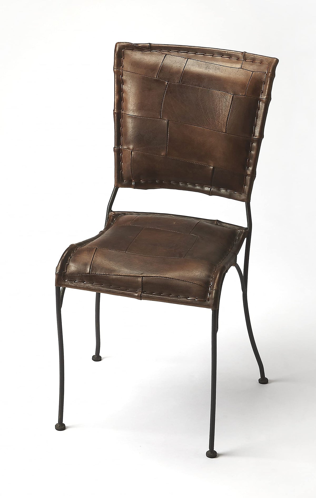 HomeRoots Dark Brown Iron, Leather, Urethane Foam Unique Patchwork Brown Leather Dining Chair