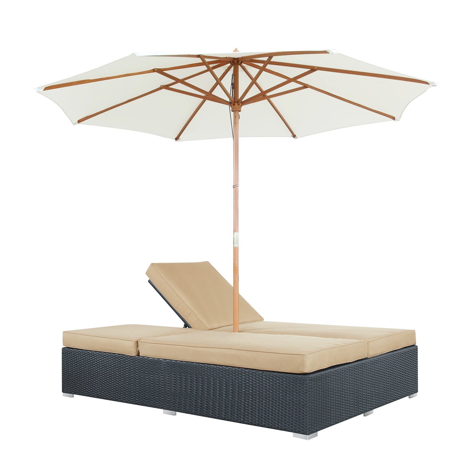 Modway Arrival Outdoor Wicker Rattan Patio Dual Chaise Lounges With Espresso Turquoise Sun Shade