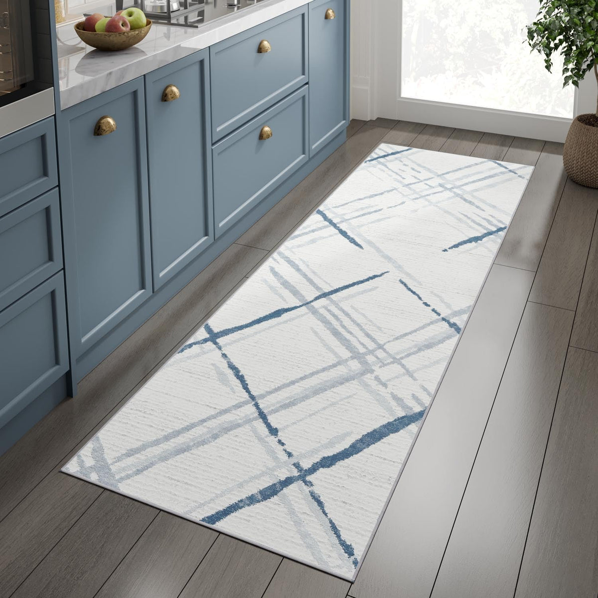 jinchan Kitchen Runner Rug 2x10 Modern Hallway Rug Washable Rug Abstract Non Slip Geometric Grid Accent Rug Blue Lines Soft Thin