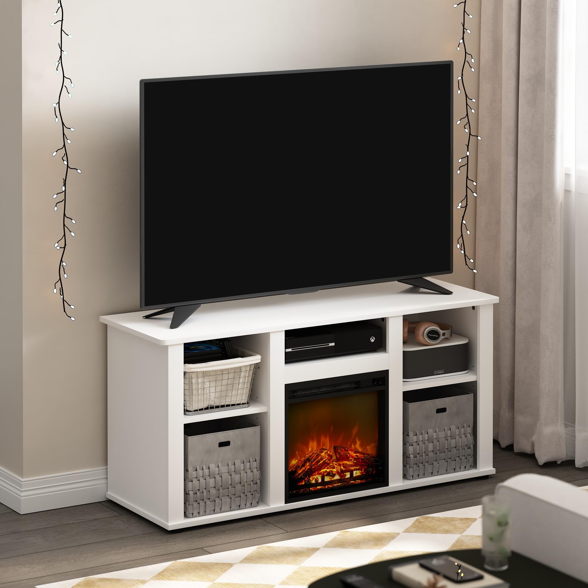 Furinno Jensen Fireplace TV Entertainment Center with Open Storage Compartment for TV up to 55 Inch, Solid White