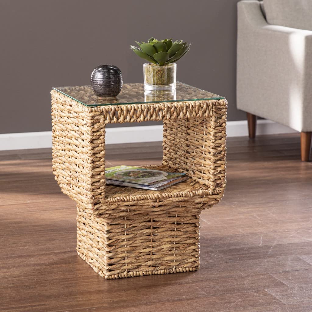 23&quot; Brown And Clear Glass And Rattan Wicker Square End Table