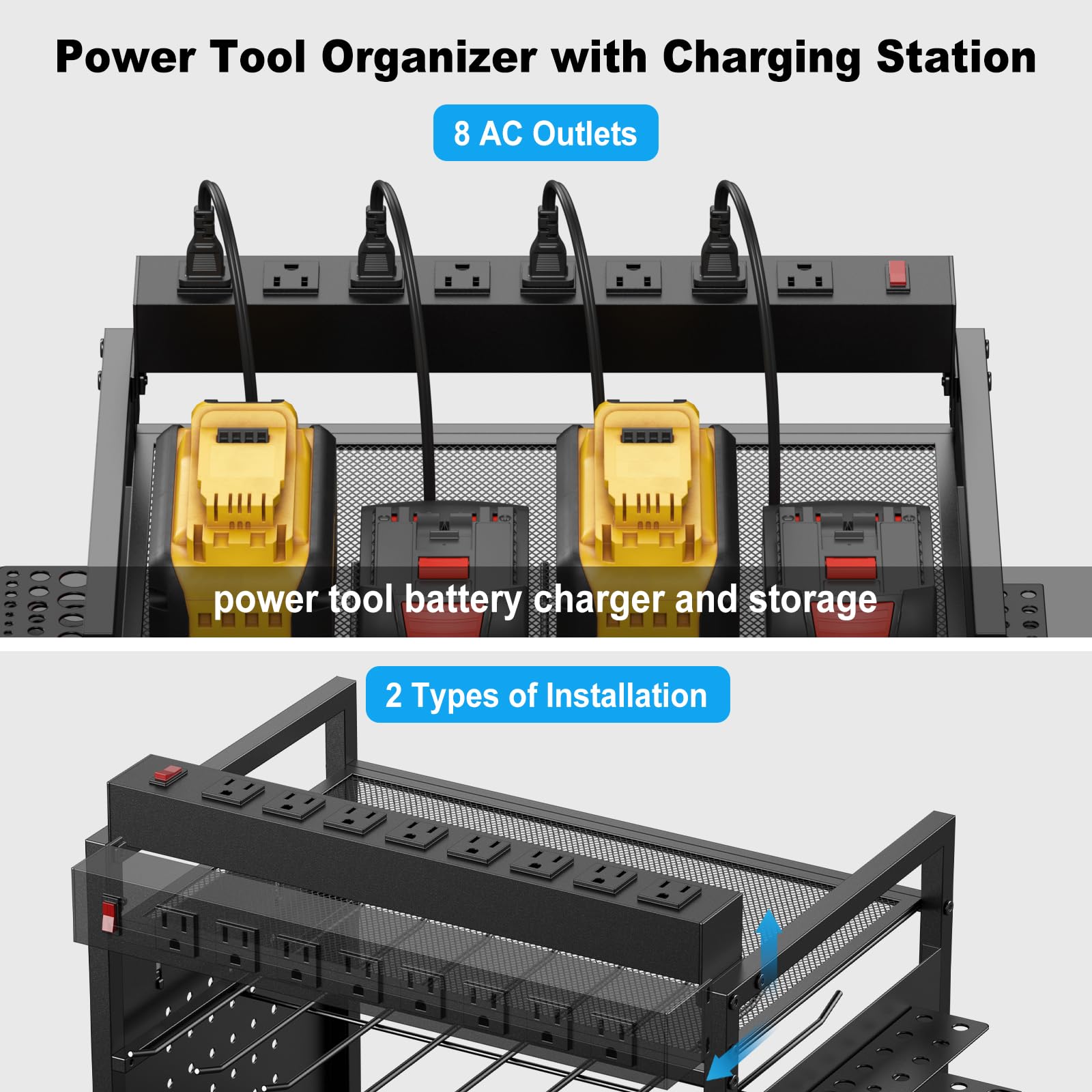 Junnuj Power Tool Organizer Floor Stand With Charging Station, Garage Adjustable Storage Rack Utility Tool Shelf With 8 Outlet Power Strip, Heavy Duty Drill And Battery Holder, Black