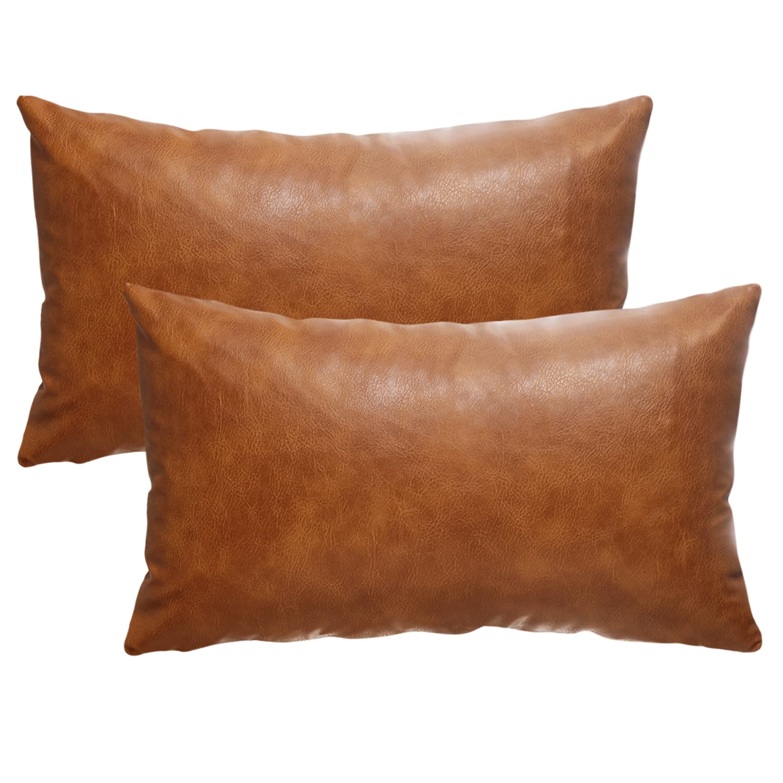 GEGELICA 12X20 Inch Brown Faux Leather Throw Pillow Covers Set of 2 Modern Farmhouse Solid Outdoor Lumbar Boho Cognac Pillow Cov