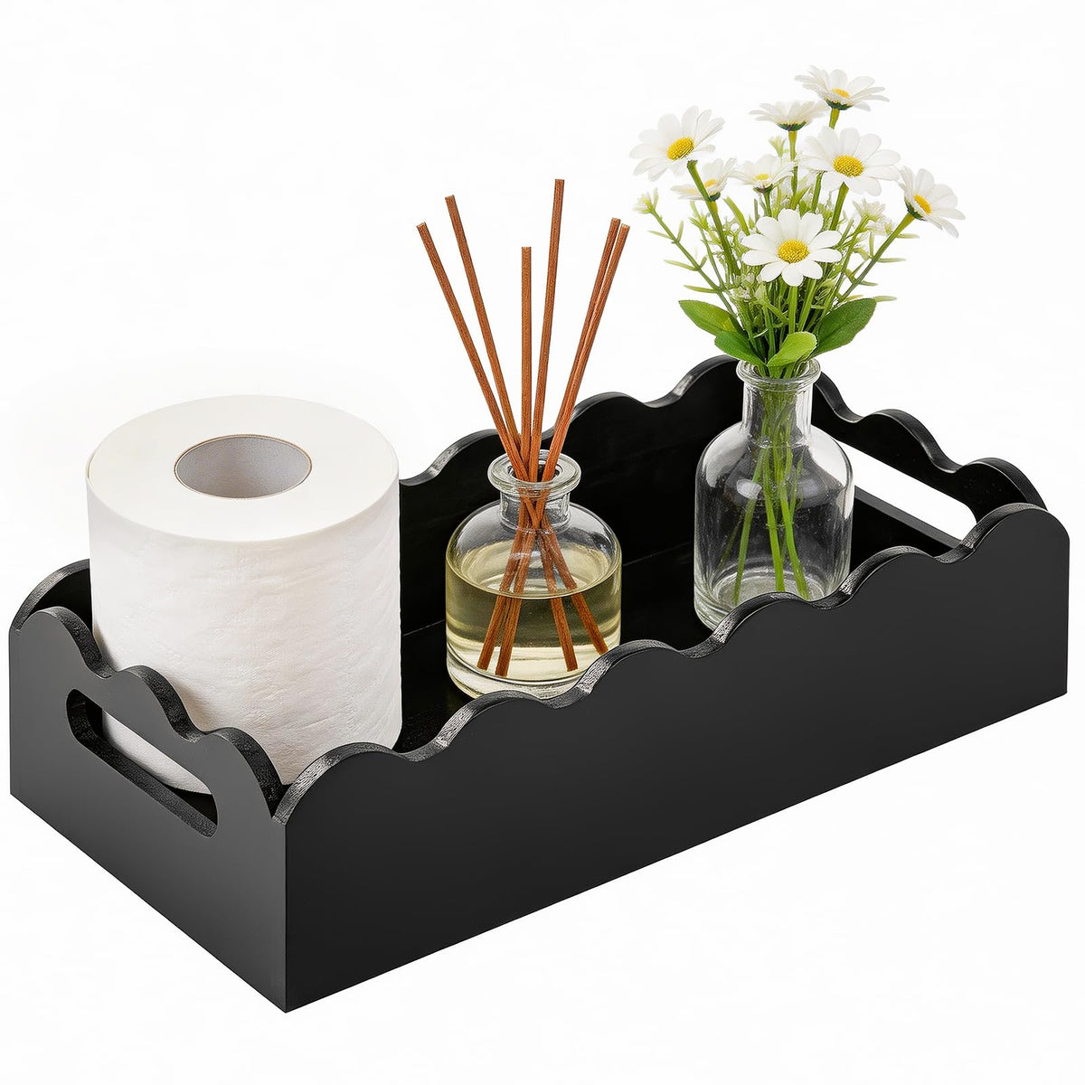 Scalloped Toilet Paper Basket with Scalloped Edge, Pine Wood Bathroom Storage Basket with Handles, Small Basket for Back of Toil