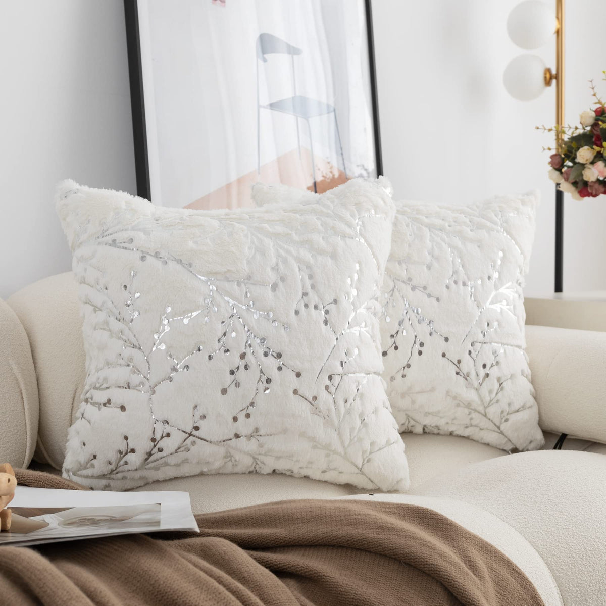 Ligicky Set Of 2 Fluffy White Faux Fur Pillow Covers Silver Branches Glitter Throw Pillows Decorative Soft Furry Sparkling Squar