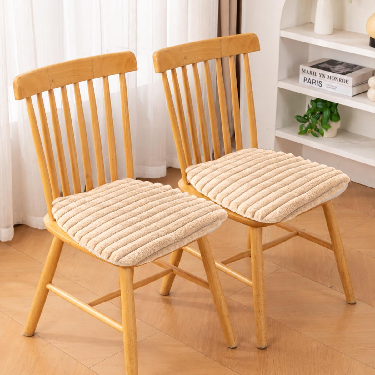 Hokipo Striped Faux Rabbit Fur Chair Cushion Pad, 43X43 Cm, 2 Pc, Beige