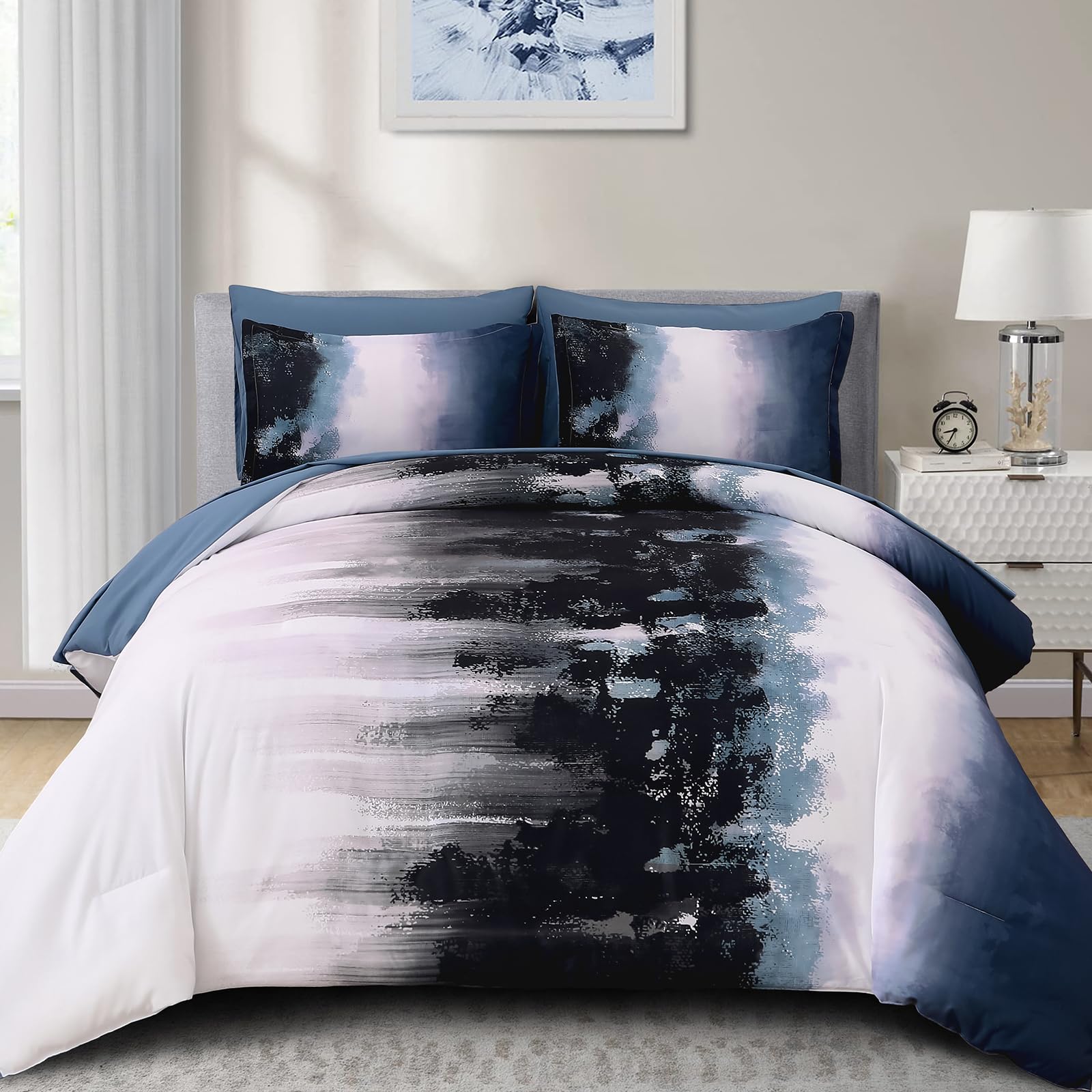 Dinjoy Ombre Blue Comforter Set Twin Size Gradient Navy Blue Black Boho Bedding Set for Teen Men Women 6 Pieces Bed in A Bag Boh