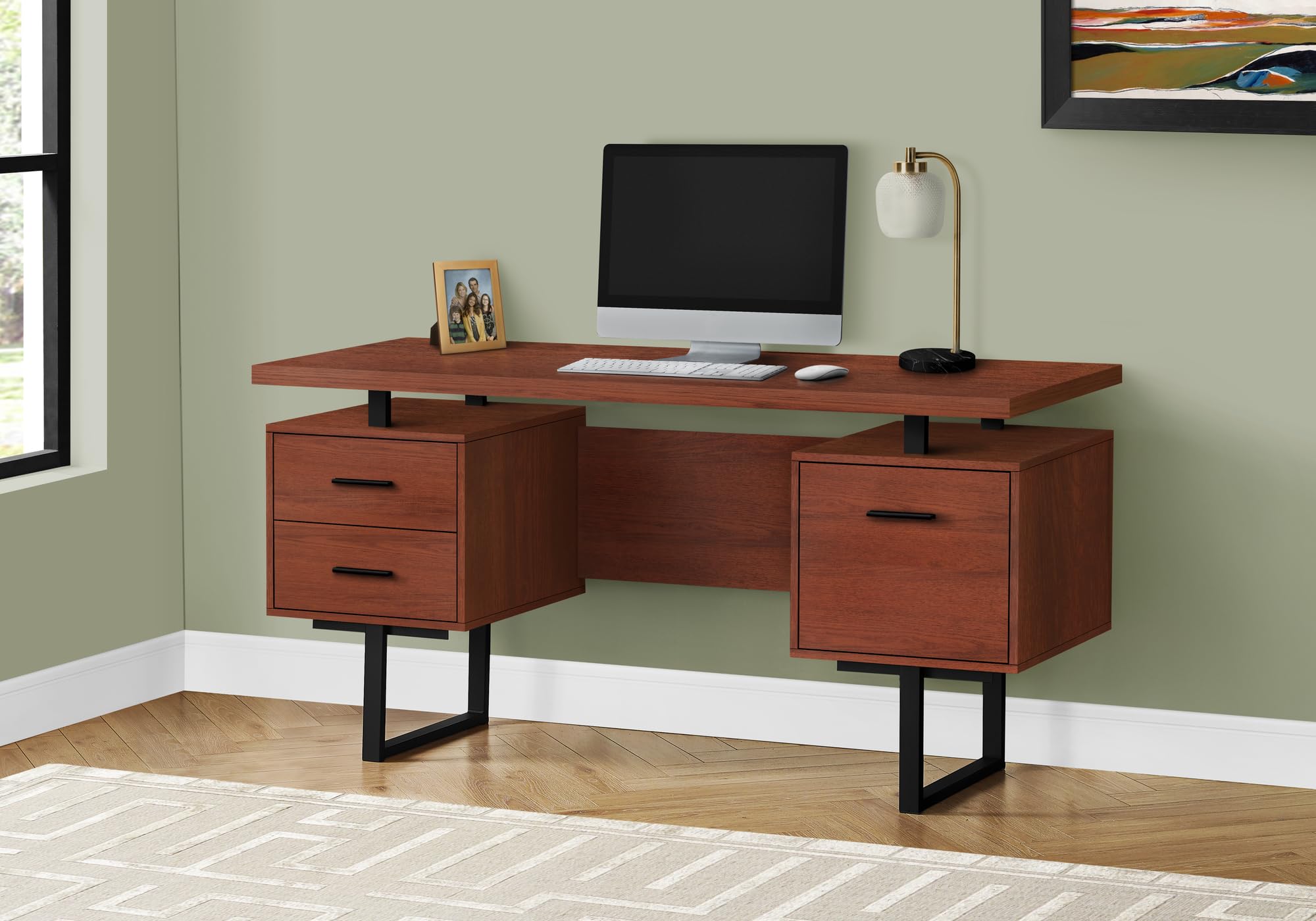 Monarch Specialties I 7626 Computer Desk, Home Office, Laptop, Left, Right Set-Up, Storage Drawers, 60&quot; L, Work, Metal, Laminate, Brown, Black, Contemporary