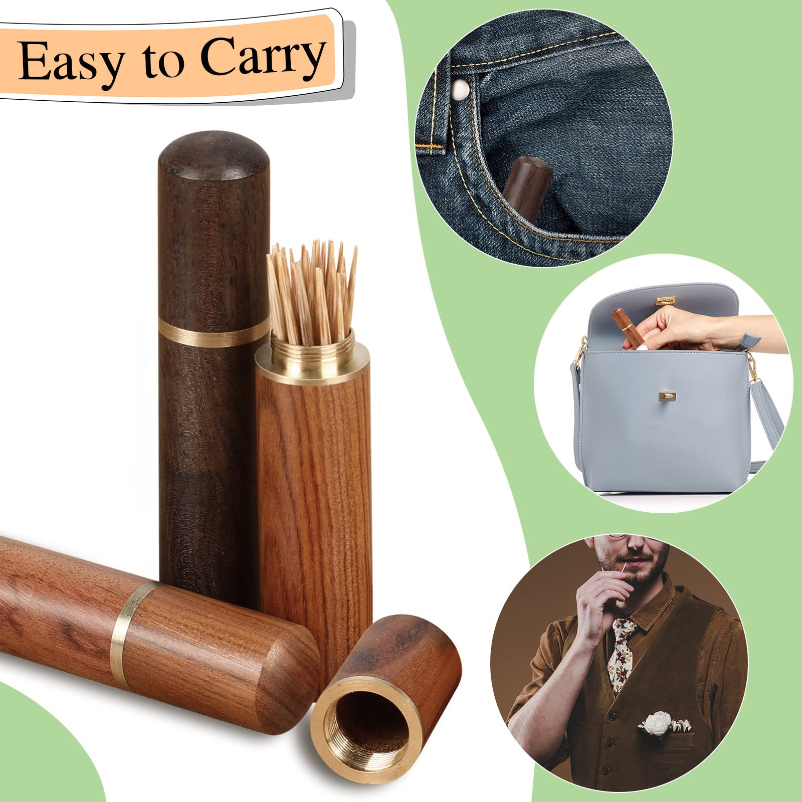 Honeydak Portable Wood Toothpick Holder - 10 Pieces Mini Pocket Case, Light Black & Light Brown, Travel Dispenser for Men & Women