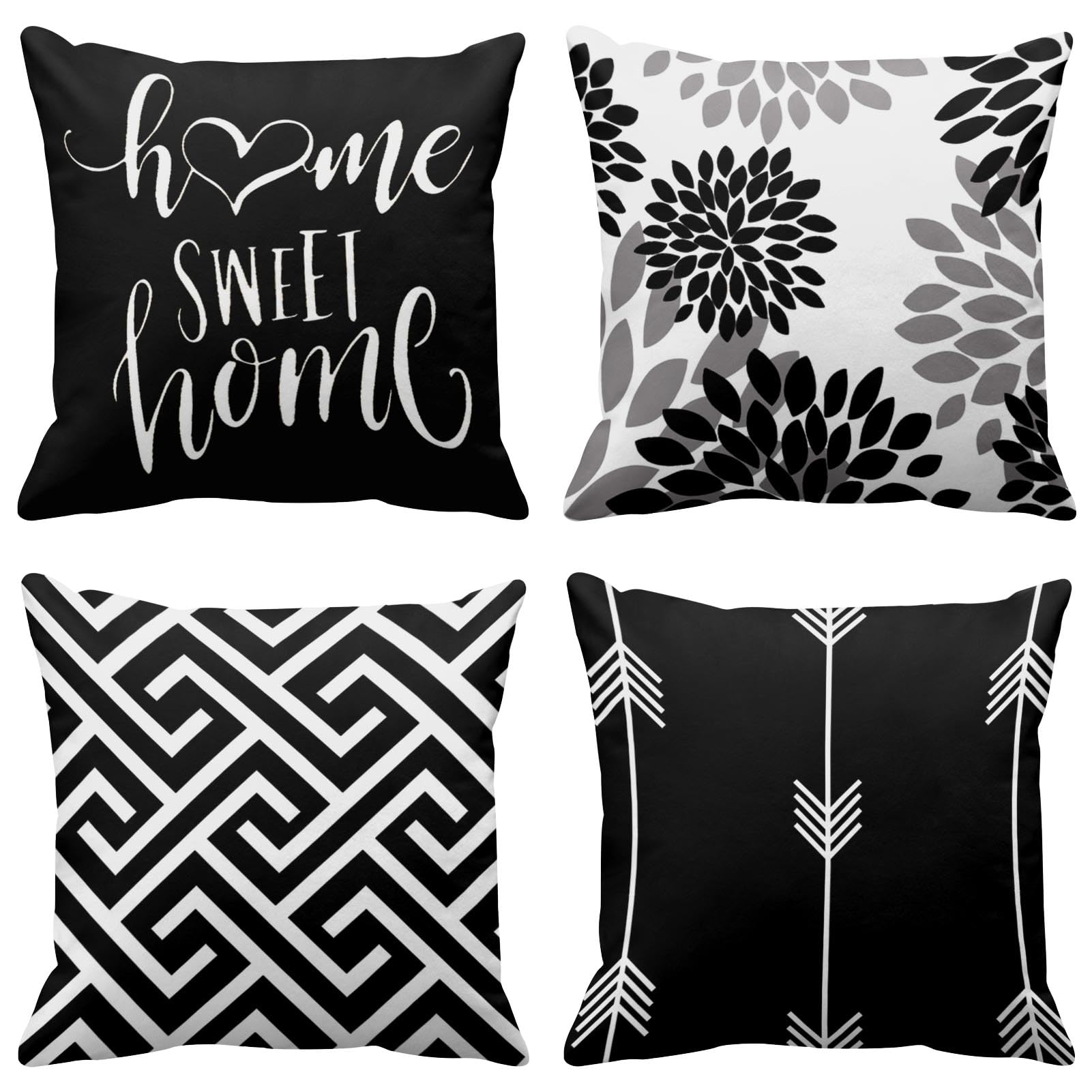 Emvency Set Of 4 Throw Pillow Covers Modern Abstract Geometry Black White And Grey Words Sweet Floral Arrow Decorative Pillow Ca