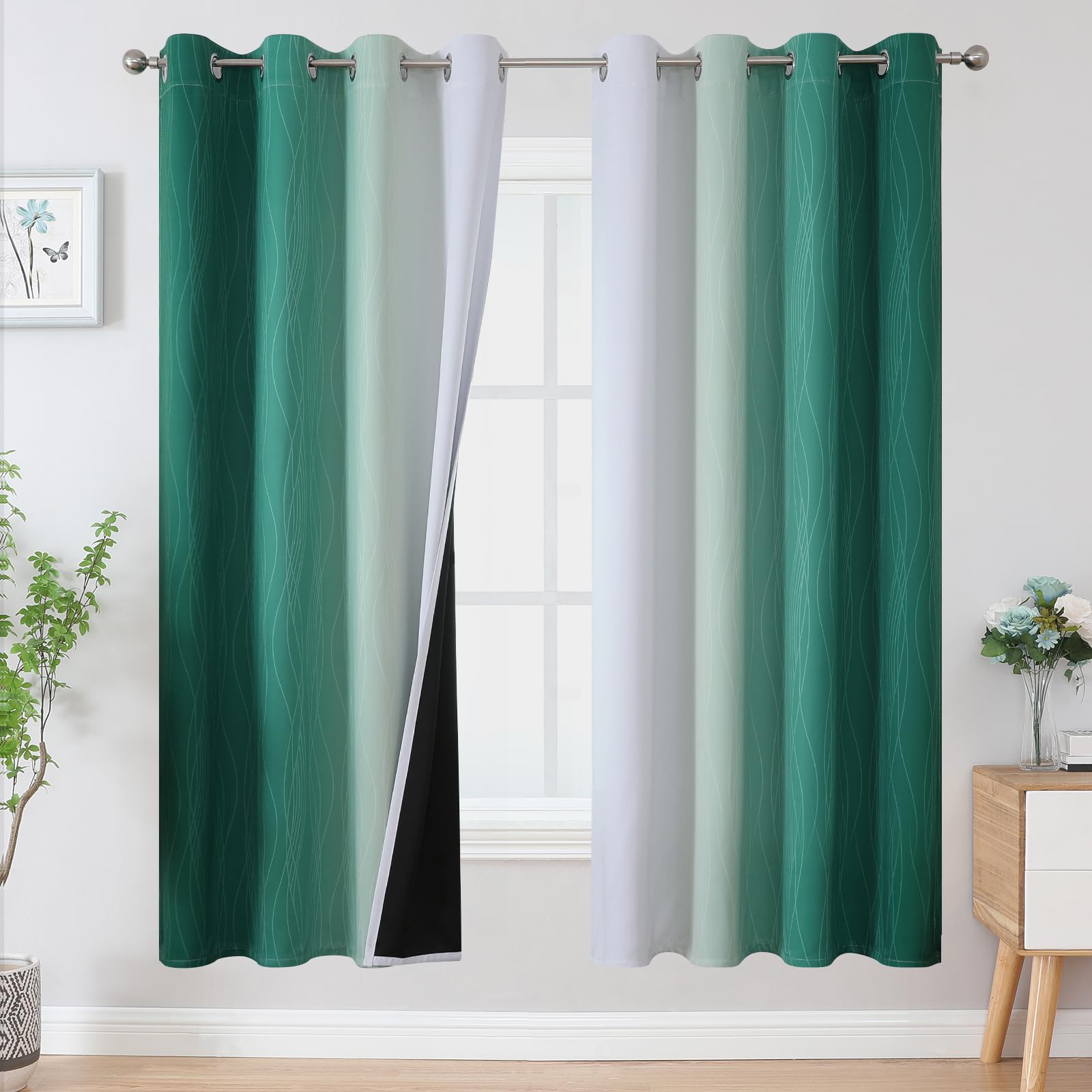 Estelar Textiler Green And Greyish White Blackout Curtains For Living Room, Full Room Darkening Grommet Ombre Curtains For Bedro