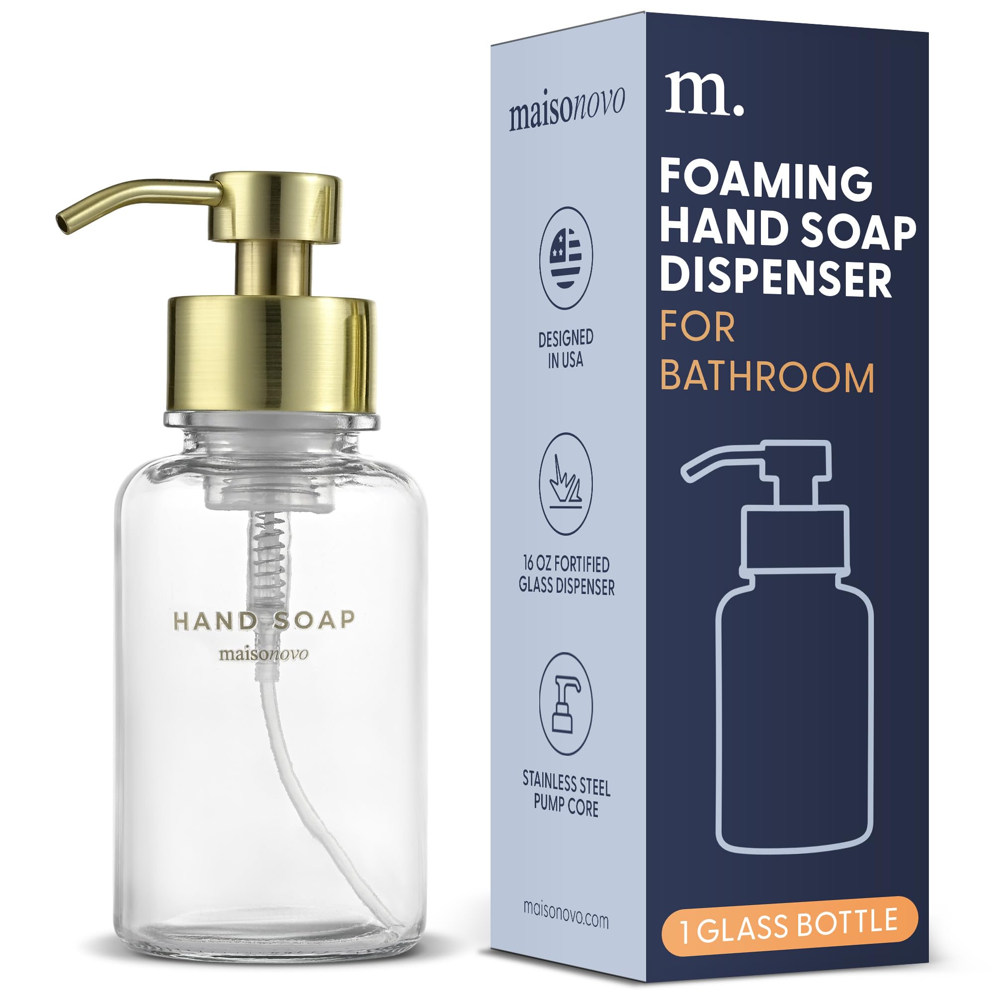MaisoNovo Glass Foaming Hand Soap Dispenser | Gold Foaming Soap Dispenser Clear Bottle Gold Pump x 1 w/Labels