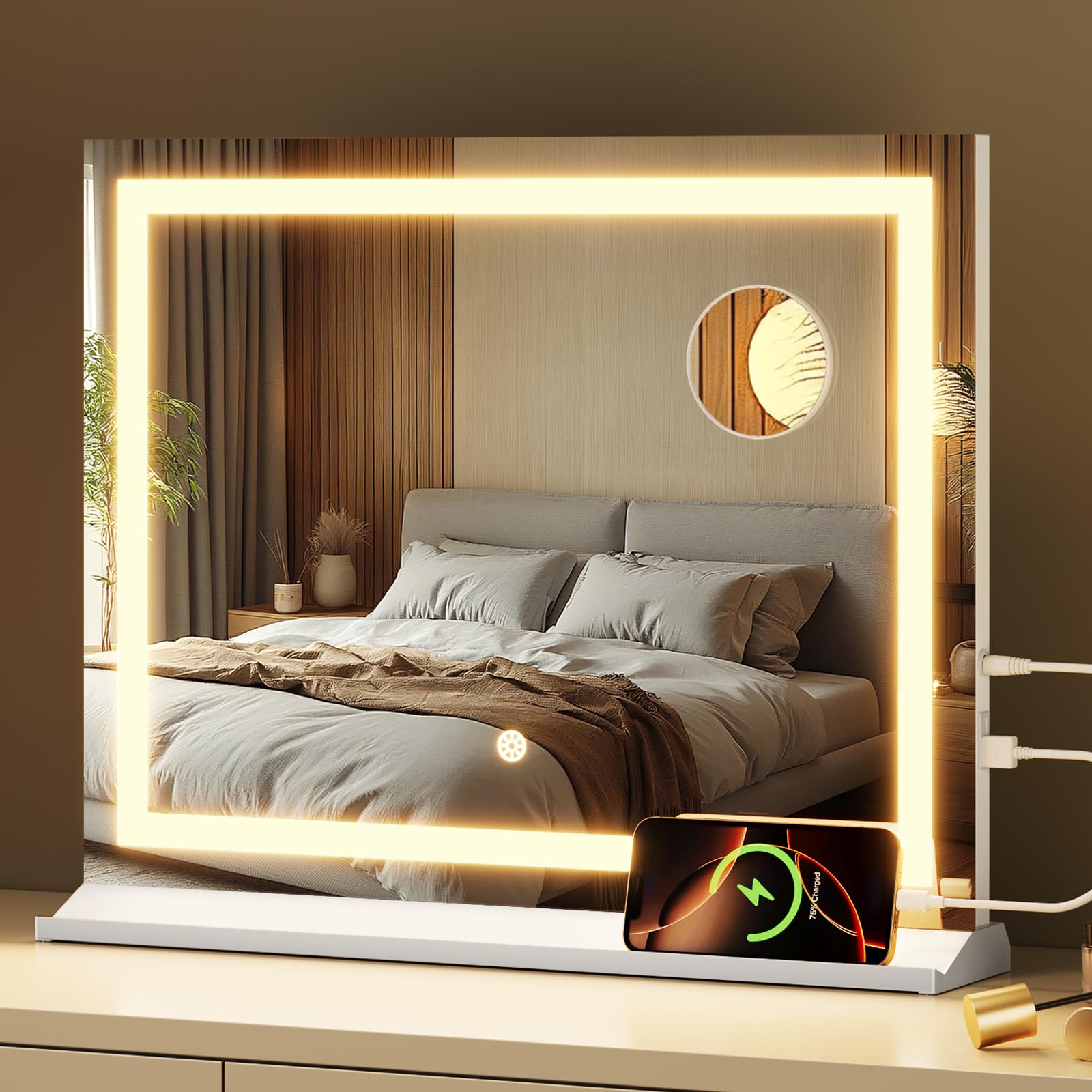 Memobarco Vanity Mirror with Lights, Makeup Mirror with USB/Type-C Charging, Large Hollywood Mirrors w/ 15 LED Bulbs & 5X Magnif