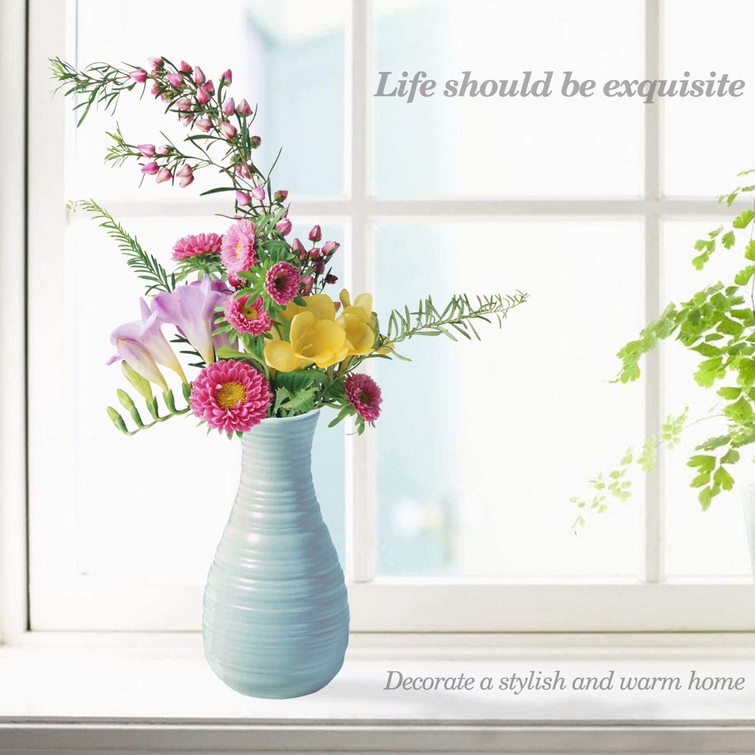 Unbreakable Vase For Flowers, Ceramic Look Plastic Vase For Home Decor, Living Room, Table (Seashell Blue)