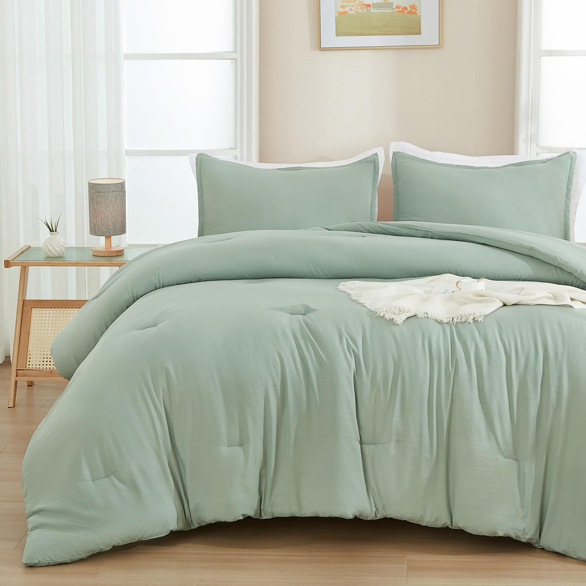 Andency Sage Green California King Comforter Set - 7 Pieces Bed In A Bag Cal King Bedding Comforter Sets, Summer Solid Soft Ligh