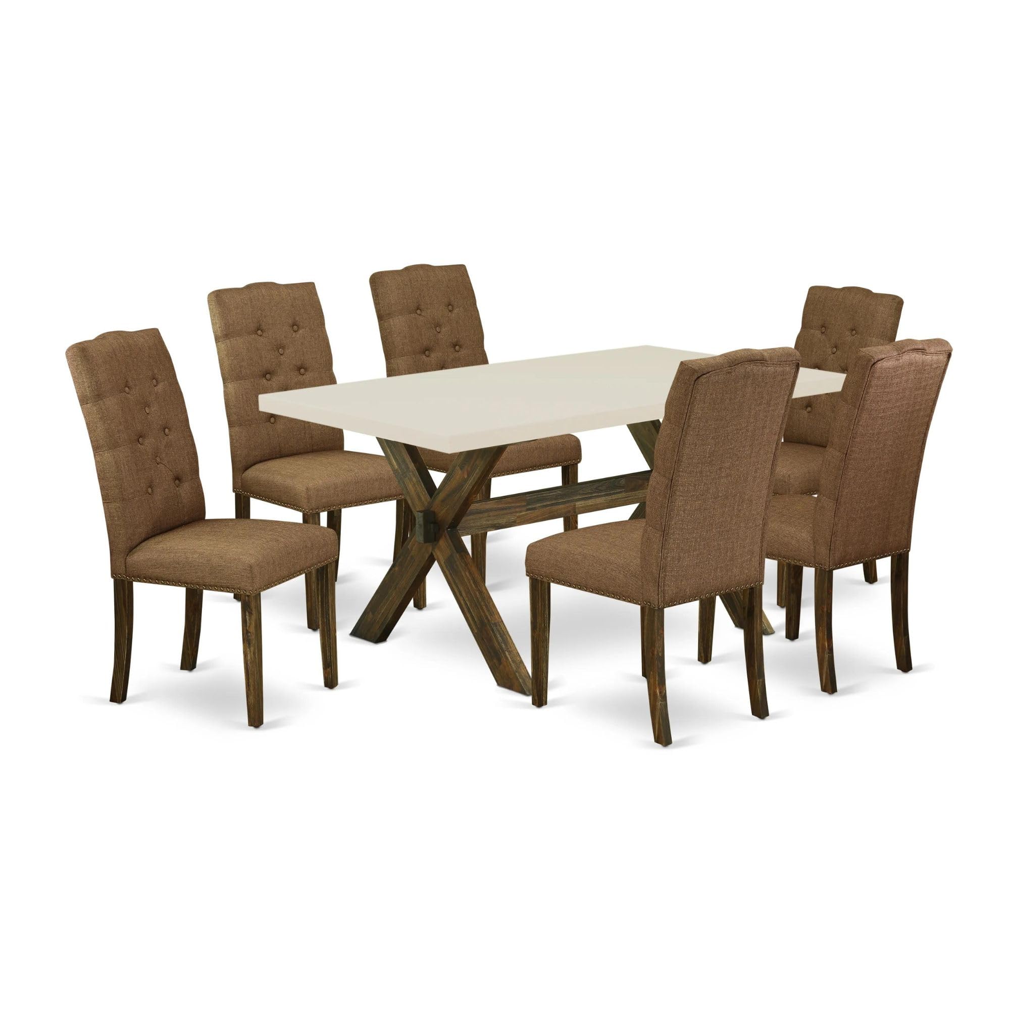 East West Furniture X-Style 7 Piece Set Consist Of A Rectangle Dining Room Table With X-Legs And 6 Brown Linen Fabric Upholstered Chairs, 36X60 Inch, Multi-Color