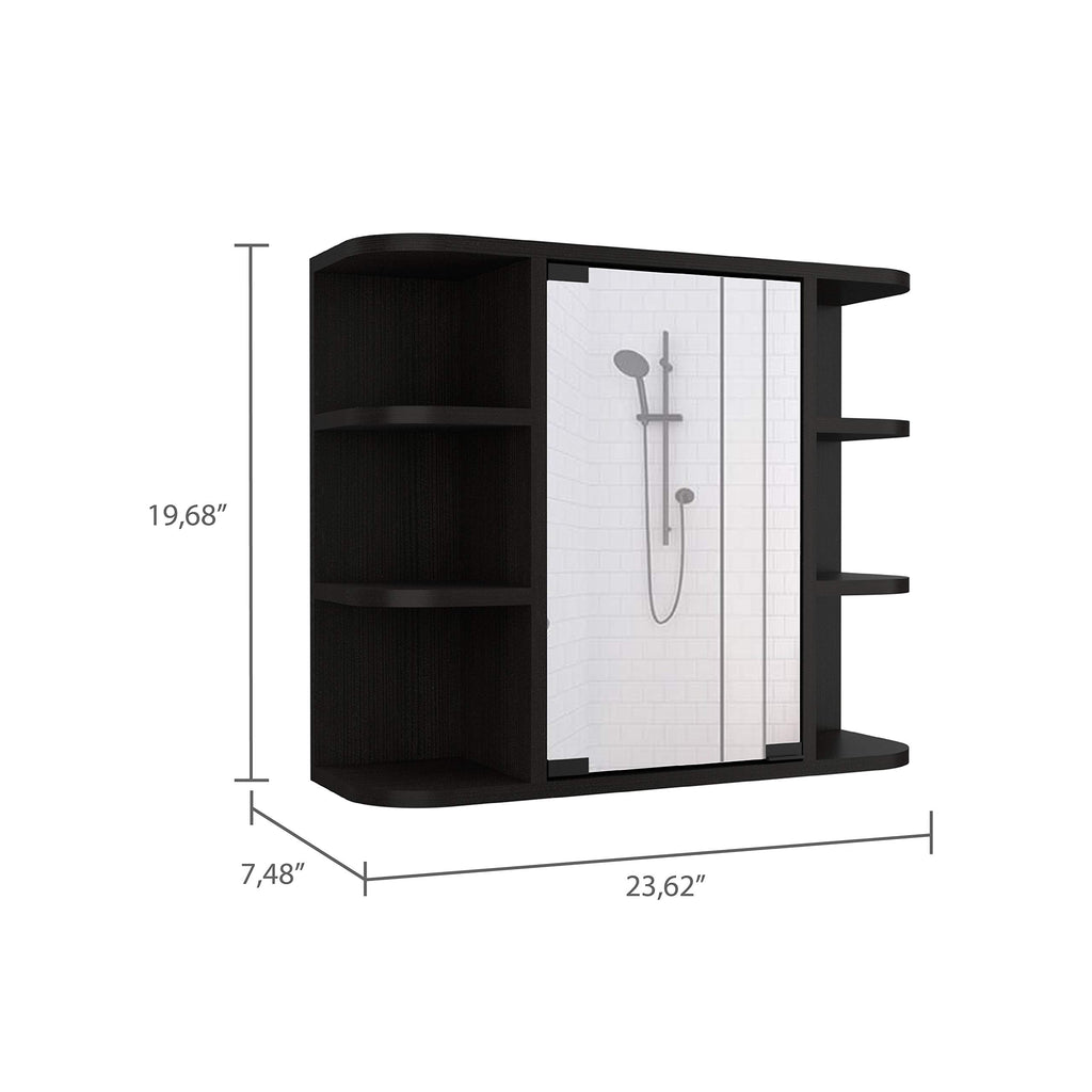 Roma Mirrored Medicine Cabinet with Six External Shelves and Three Interior Shelves, 19" H, Black, Bathroom