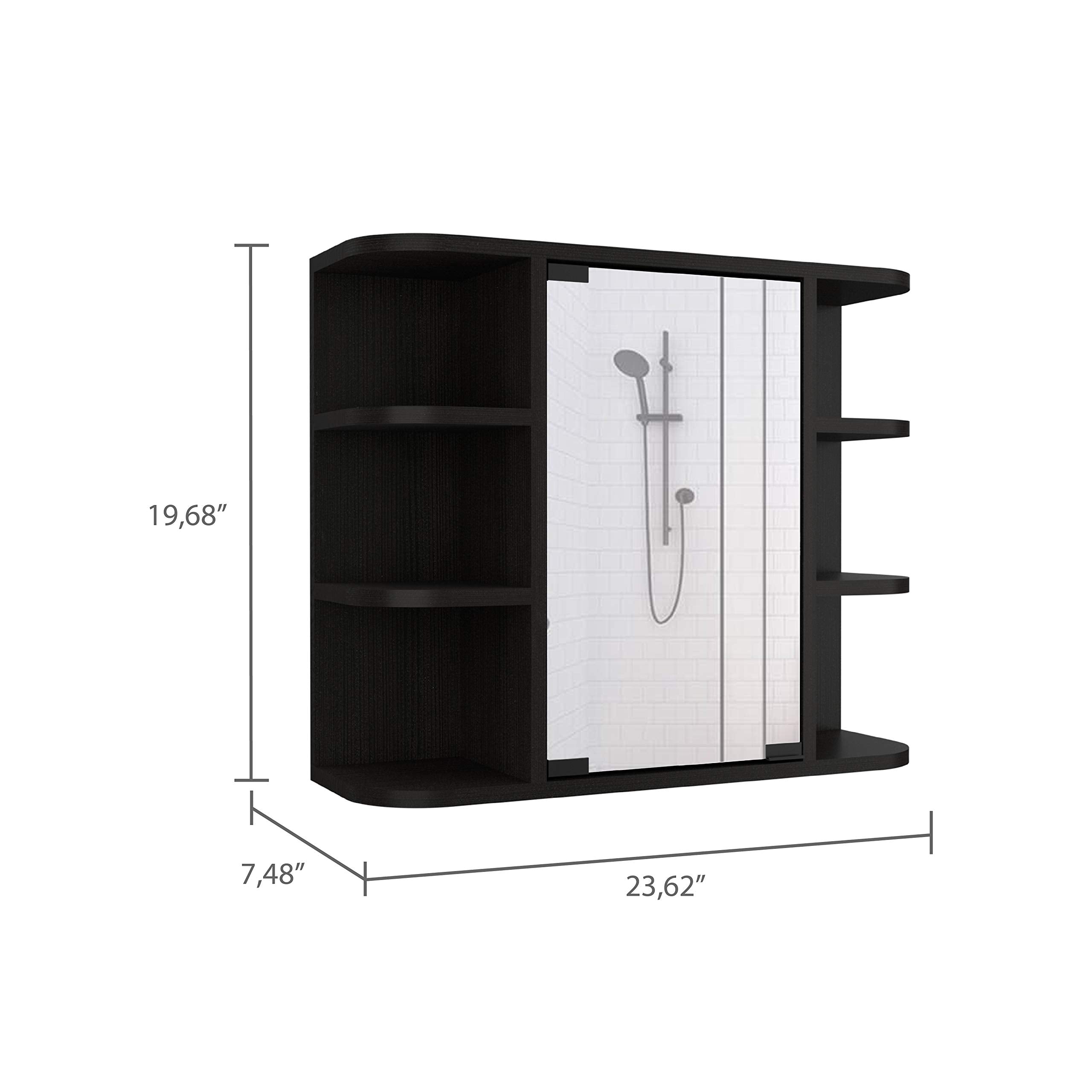 Roma Mirrored Medicine Cabinet with Six External Shelves and Three Interior Shelves, 19" H, Black, Bathroom