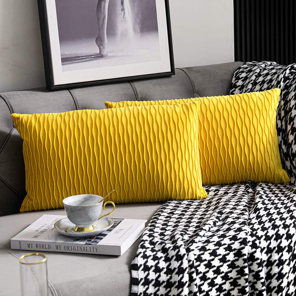 Dezene Mustard Yellow Couch Pillow Covers: 2 Pack 12X20 Inch Original Striped Velvet Rectangular Throw Pillow Cases For Farmhous
