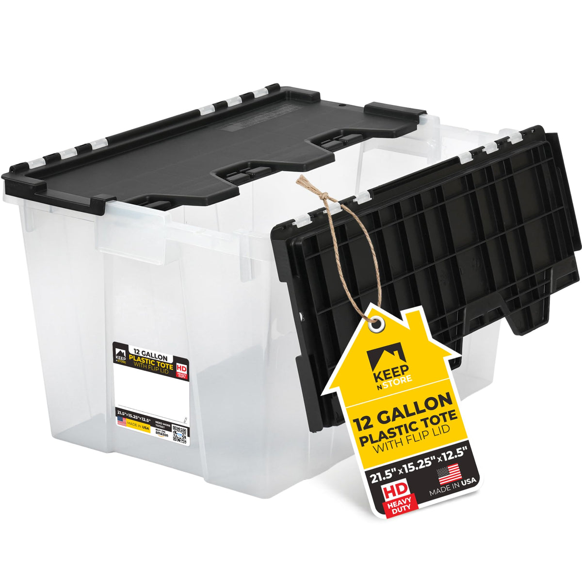 12 Gallon Heavy Duty Plastic Storage Tote with Flip Lid 21.515.25 12.5