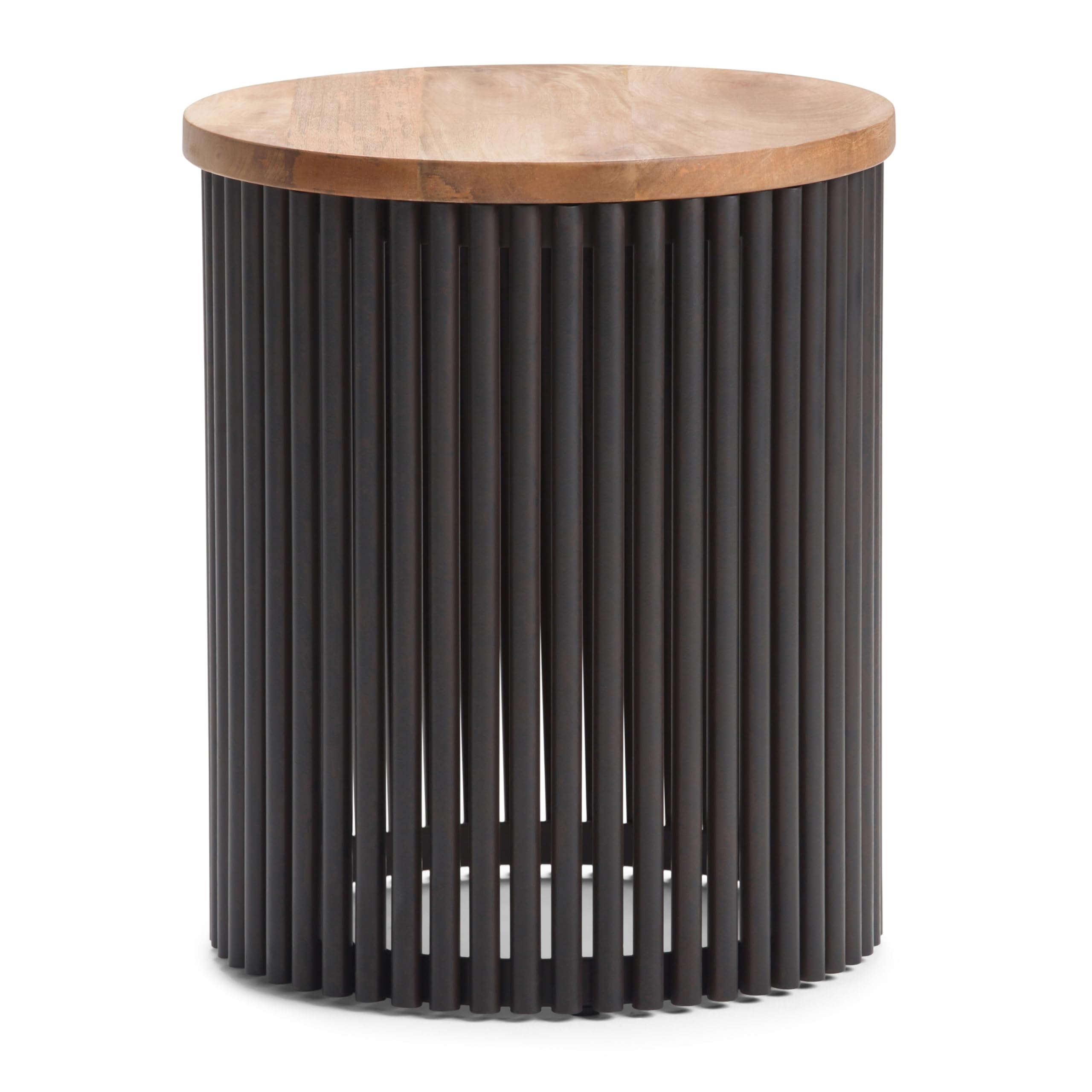 SIMPLIHOME Demy 17.5 inch Wide Metal and Solid Mango Accent Table in Natural/Black, Round Side Table with Mango Wood Top for Liv