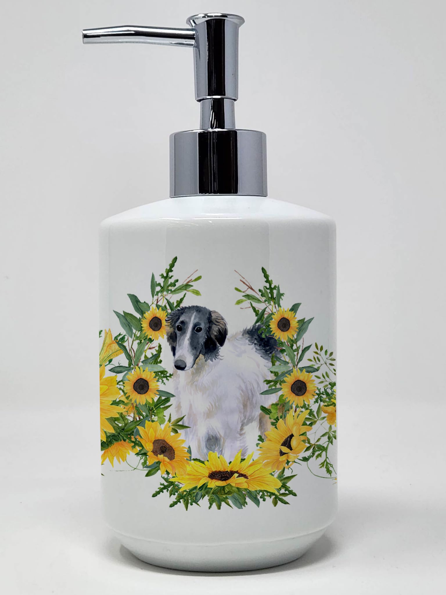 Caroline's Treasures CK2864SOAP Borzoi in Sunflowers Ceramic Soap Dispenser Hand Soap Dispenser Pump Bottles for Bathroom Kitche