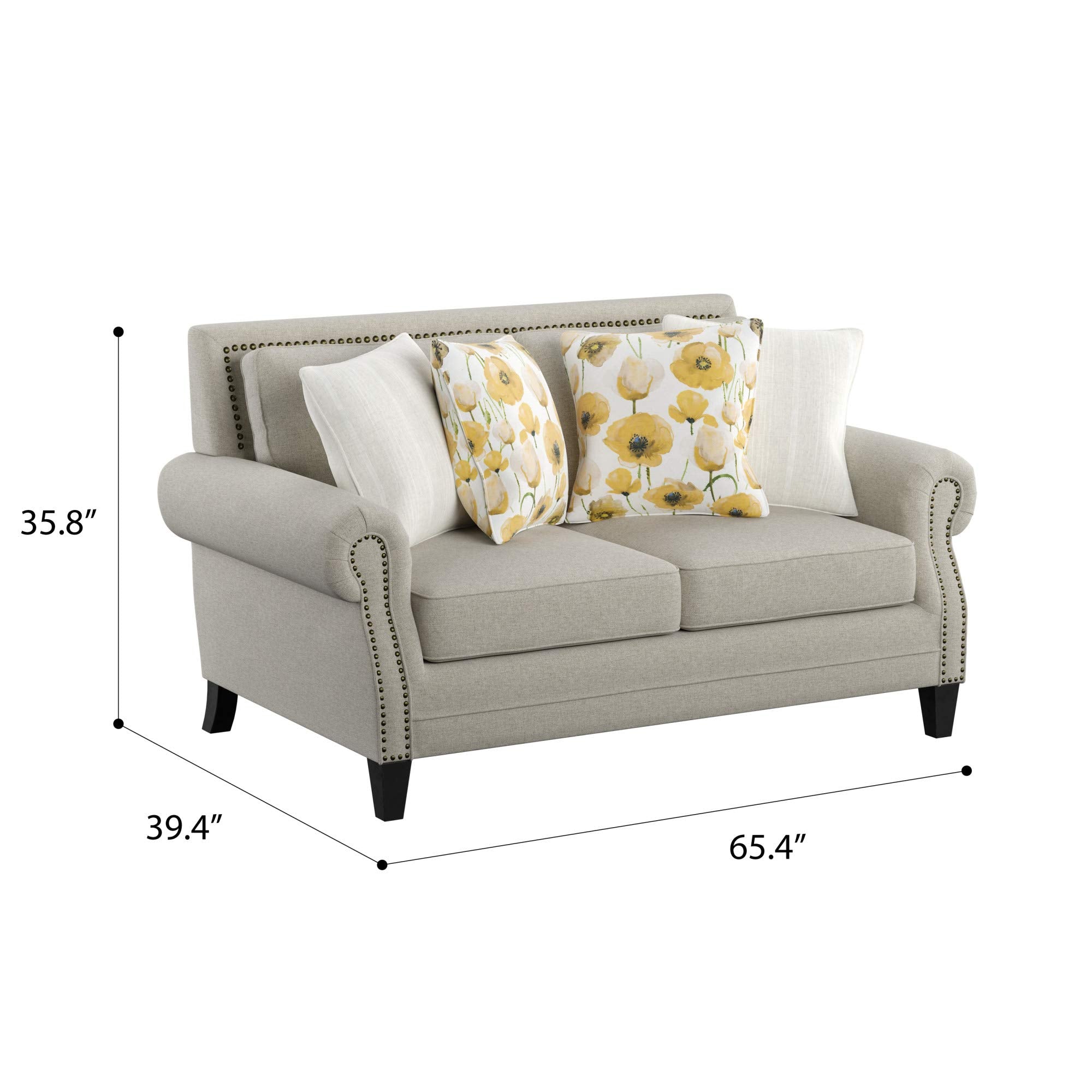 Madrona Burke Mia Saxon Beige Loveseat with Rolled Arms, Nail Head Trim, and Wood Legs