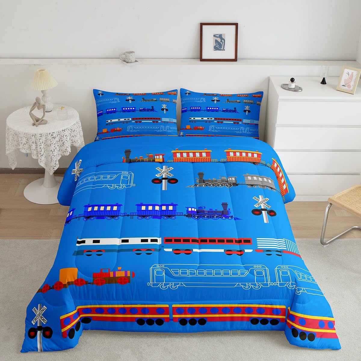 Erosebridal Train Queen Comforter Set For Boys,Cartoon Car Bedding Set For Kids Boys Girls Toddler,Vintage Car Down Comforter,Re