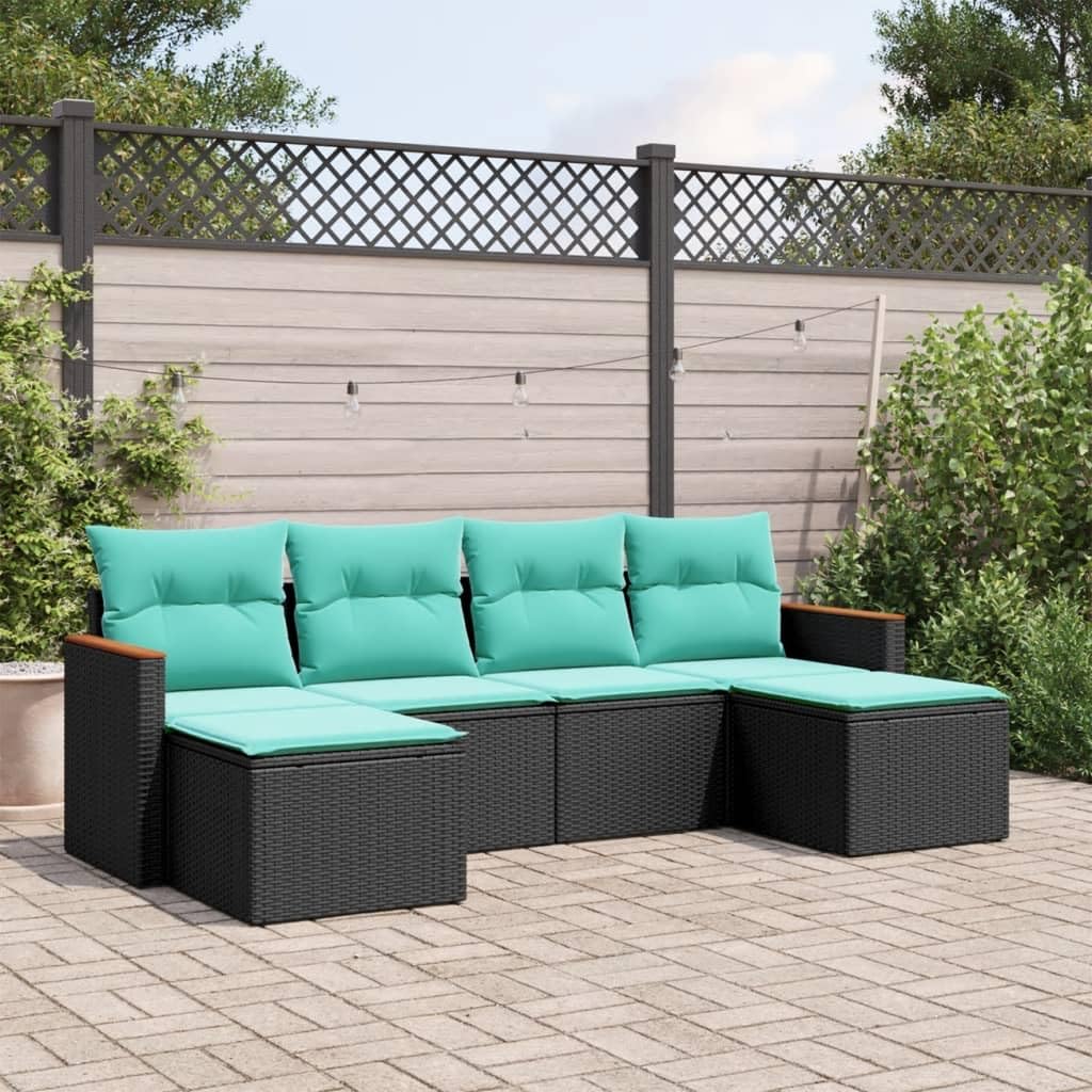 vidaXL Patio Sofa Set with Cushions - 6 Piece, Black & Blue, Poly Rattan Outdoor Furniture with Storage, Modular Design for Garden, Patio, Deck