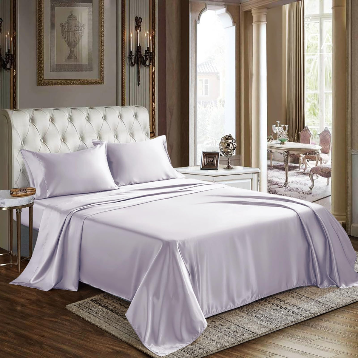 Cozylux Satin Sheets King Size - 4 Piece Taro Purple Bed Sheet Set With Silky Microfiber, 1 Deep Pocket Fitted Sheet, 1 Flat She