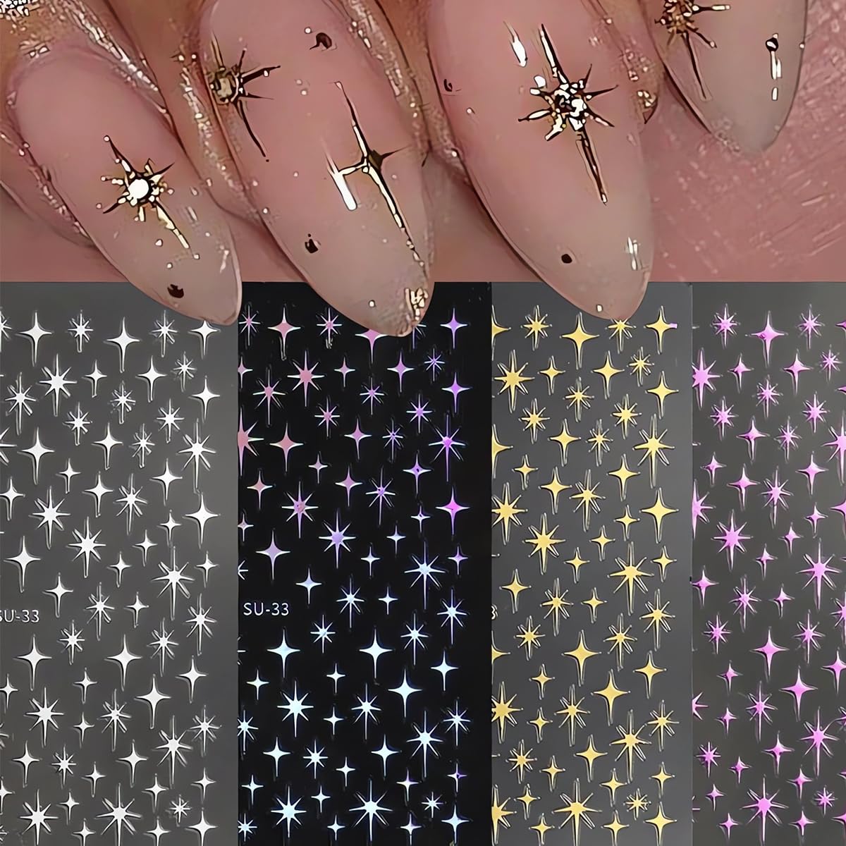 Star Nail Art Stickers Silver Metallic 3D Nail Decals 4PCS Glitter Nail Art Design Pink Gold Silver Fall Nail Stickers Nail Art 