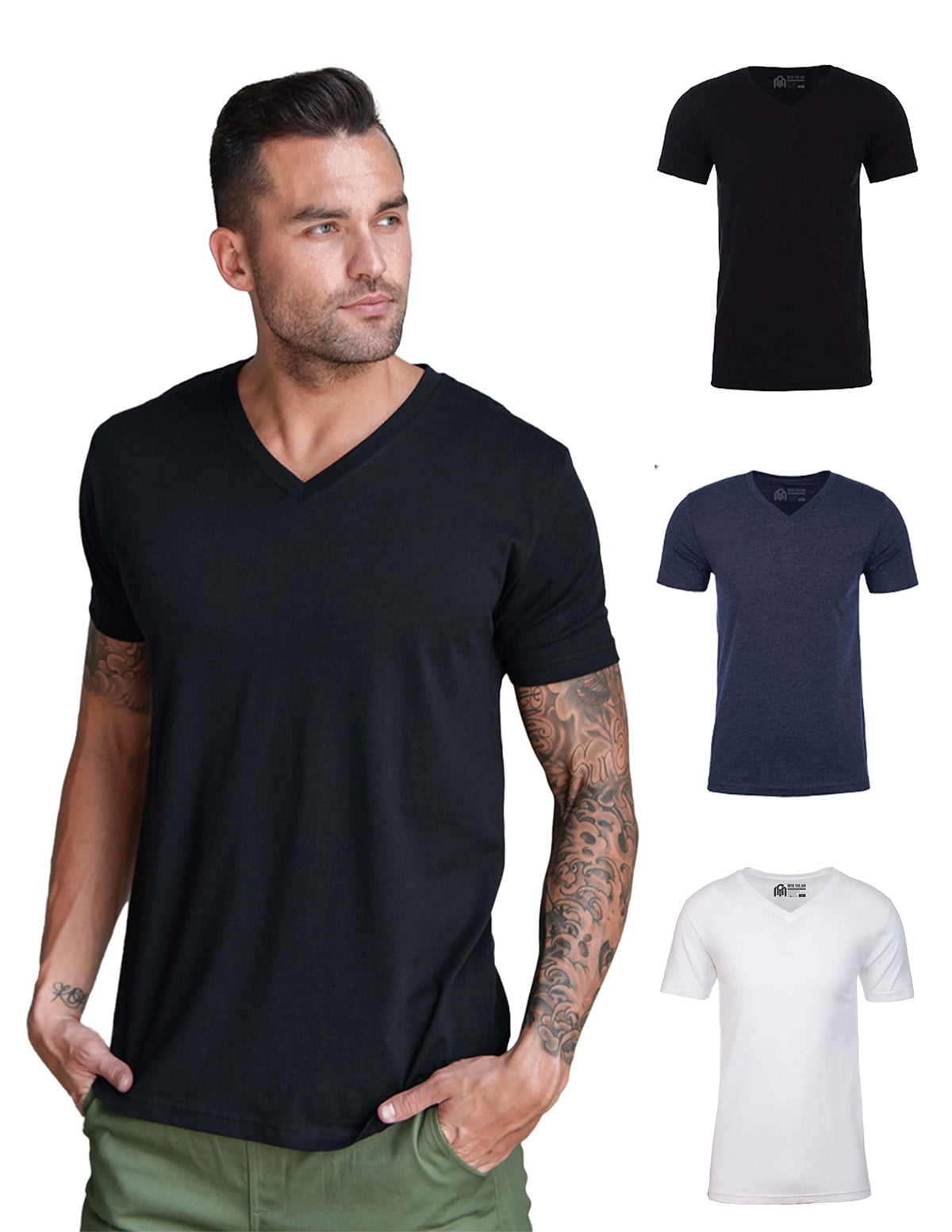 Into The Am V Neck T Shirts Men 3-Pack Fitted Casual Essential Plain Undershirt Sleep Vneck Tshirt Multipack (Blacknavywhite, La