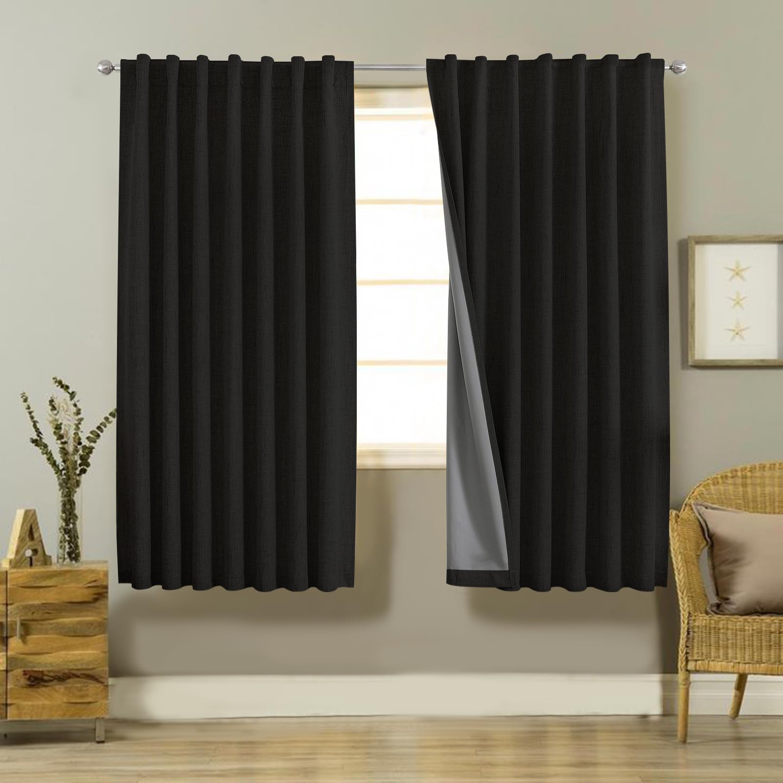 Joydeco Linen Black Curtains 72 inches Long 100% Blackout Drapes 72 inch Length 2 Panels Set for Bedroom Living Room Blackout Da