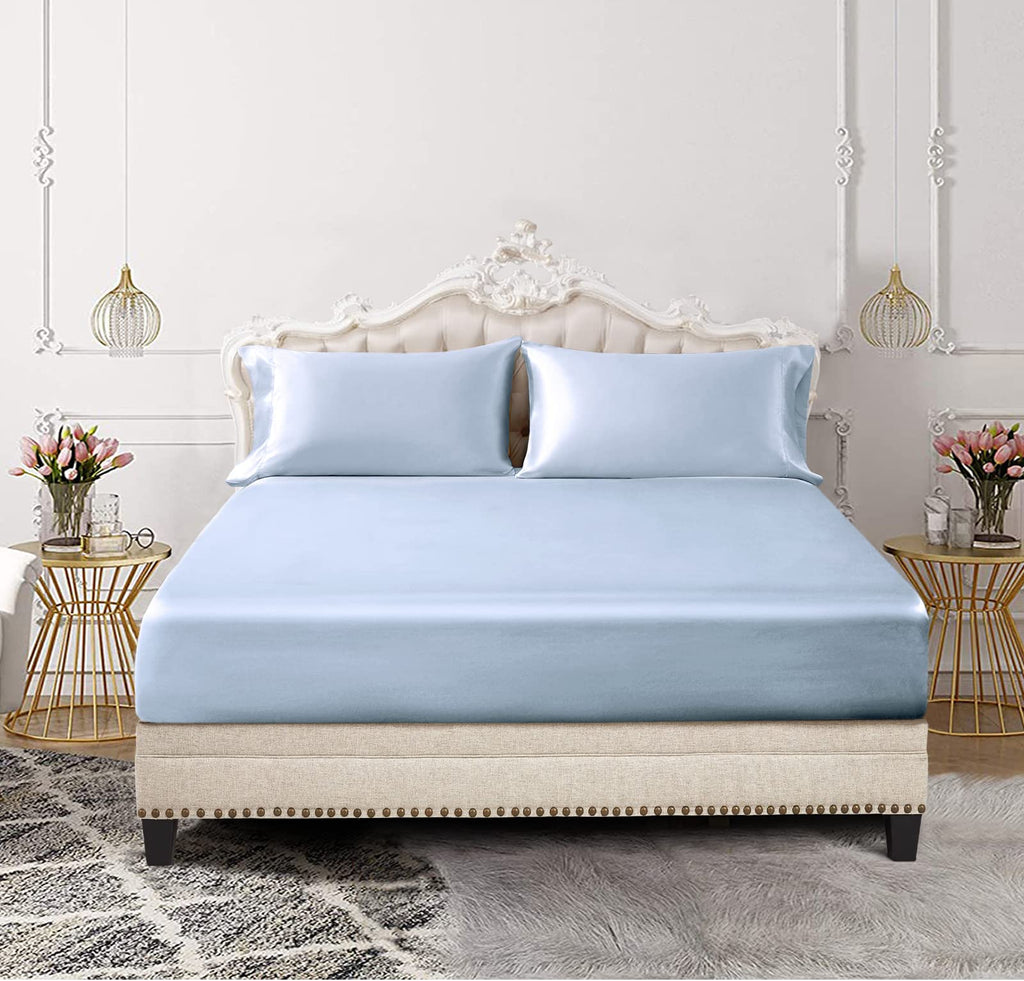 Siinvdabzx 3-Piece Set Satin Full Fitted Sheet & 2 Pillowcase, Baby Blue Silky Soft Fitted Bottom Sheet, Wrinkle Free, Fade Resi