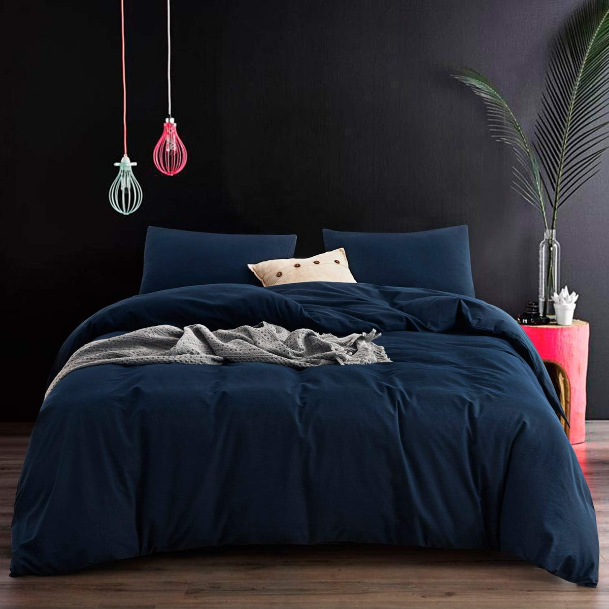 Ecocott Navy Blue Duvet Cover Super Queen Size - 100% Washed Cotton Durable Soft Comfy Duvet Cover Set, 3 Pieces Duvet Cover Wit