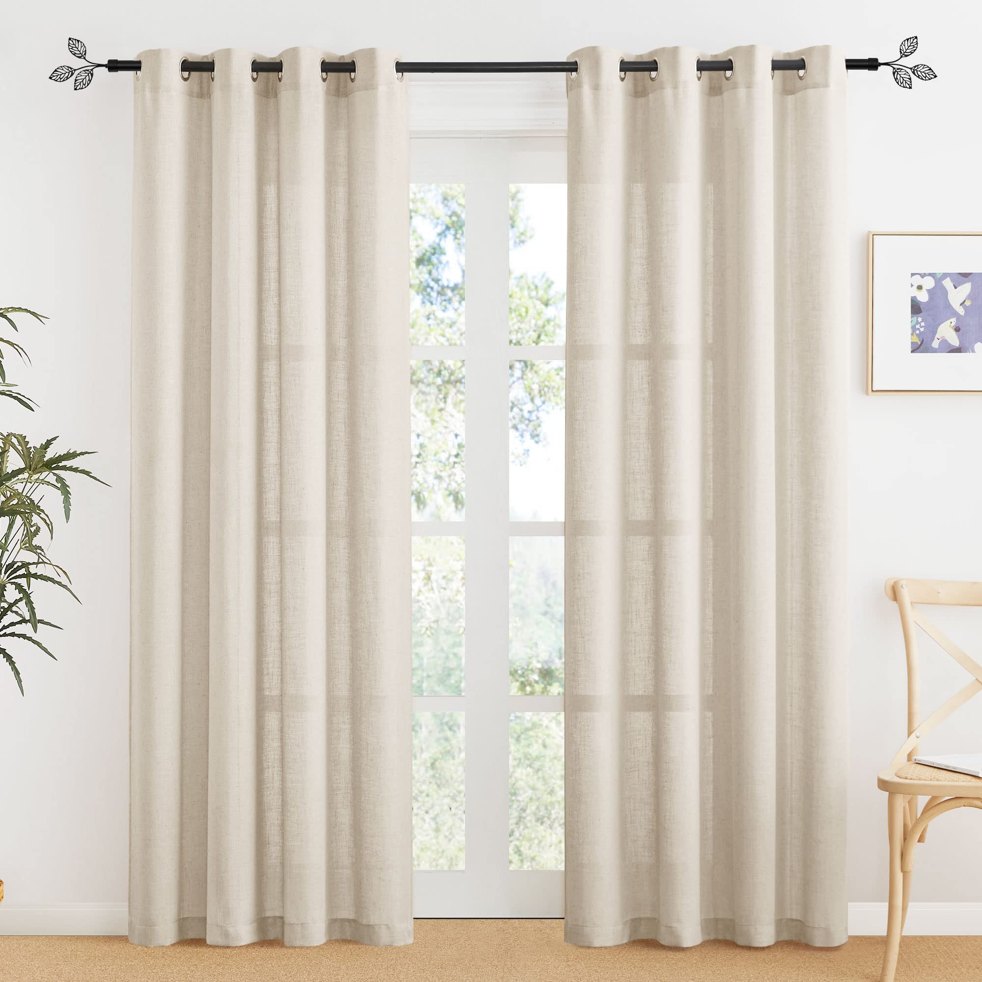 Ryb Home Beige Semi Sheer Curtains 90 Inches Long, Grommet Easy Sliding Light Filtering Half Privacy Window Curtains & Drapes Fo