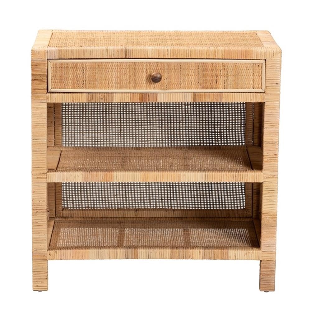 Baxton Studio Bella Modern Bohemian Natural Brown Mahogany Wood and Natural Rattan 1-Drawer Console Table Natural Brown/Mahogany Wood