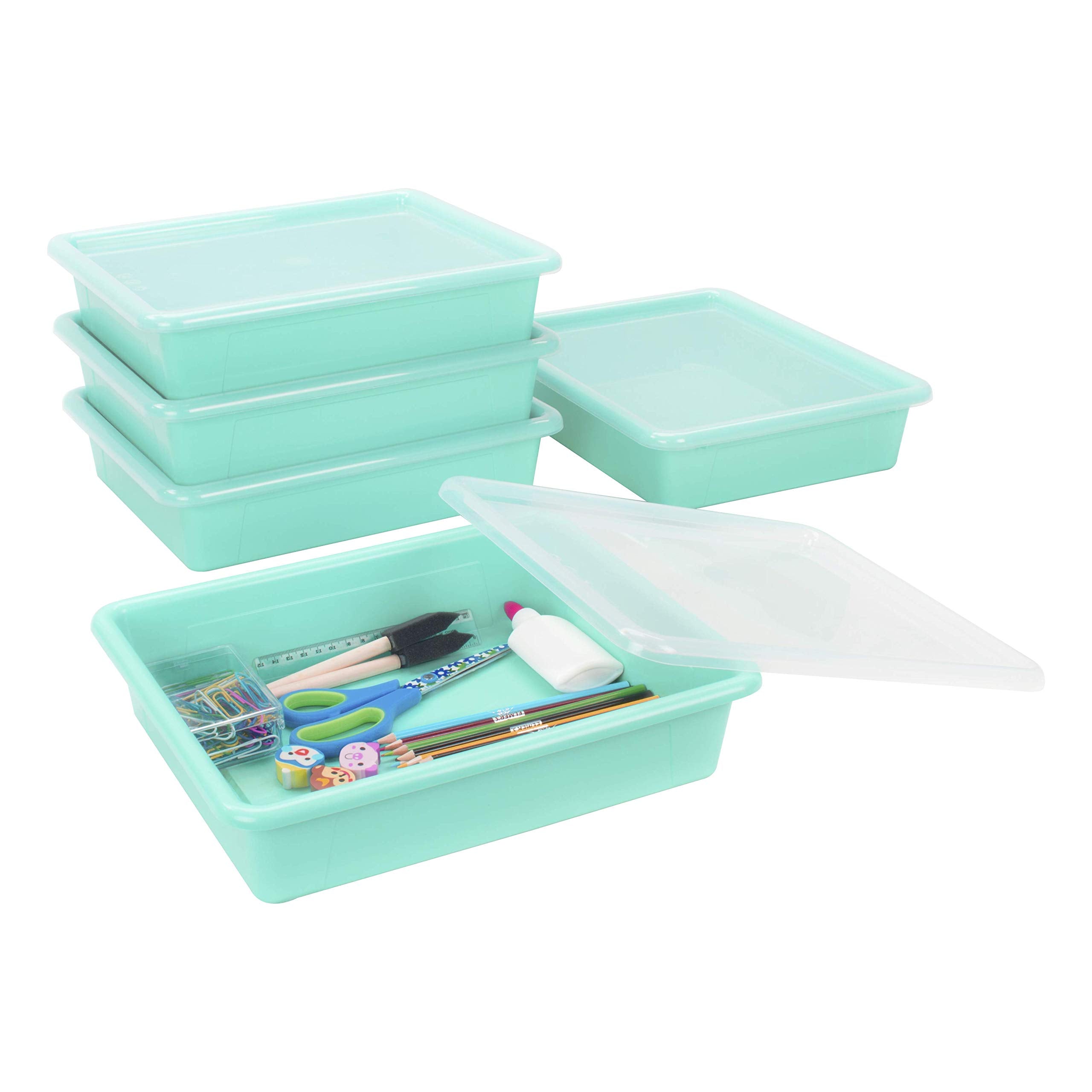 Storex Letter Size Flat Storage Tray - Organizer Bin With Non-Snap Lid For Classroom, Office And Home, Teal, 5-Pack (62541A05C)