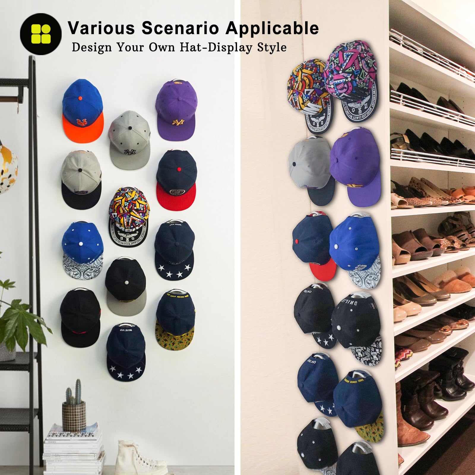 Etowifa 20 Pack Hat Organizer Rack For Baseball Caps, Adhesive Hat Holder Floating Display For Wall, Over The Door And Closet, N