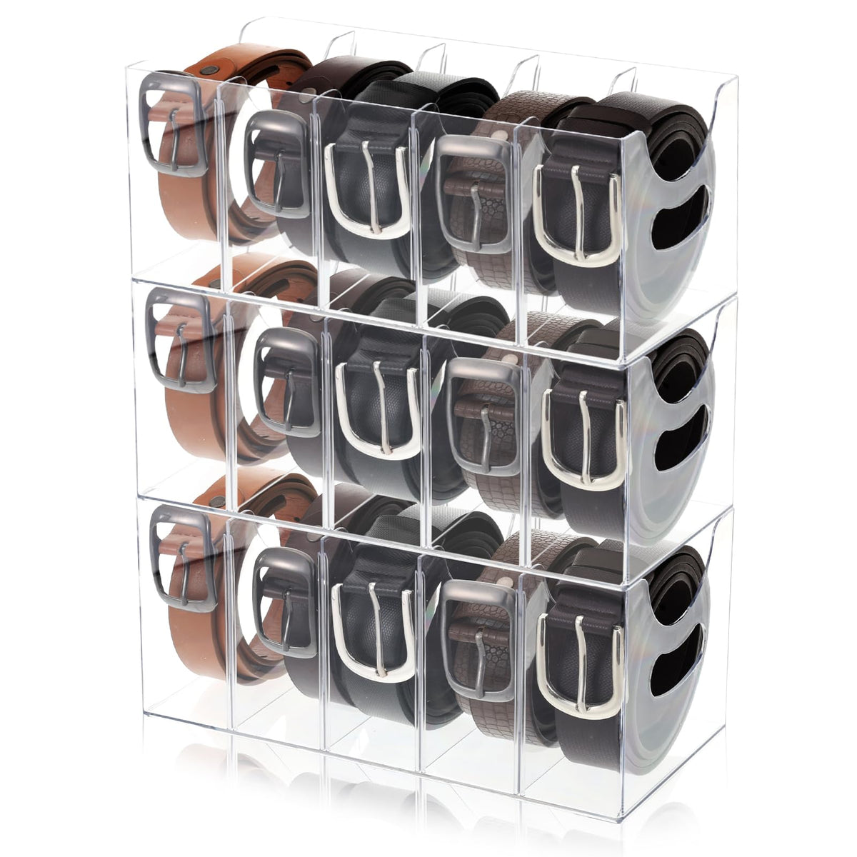 3 Pack Acrylic Belt Organizer Clear Stackable Belt Storage Holder Purse Organizer for Closet  5 Compartments with Removable Div