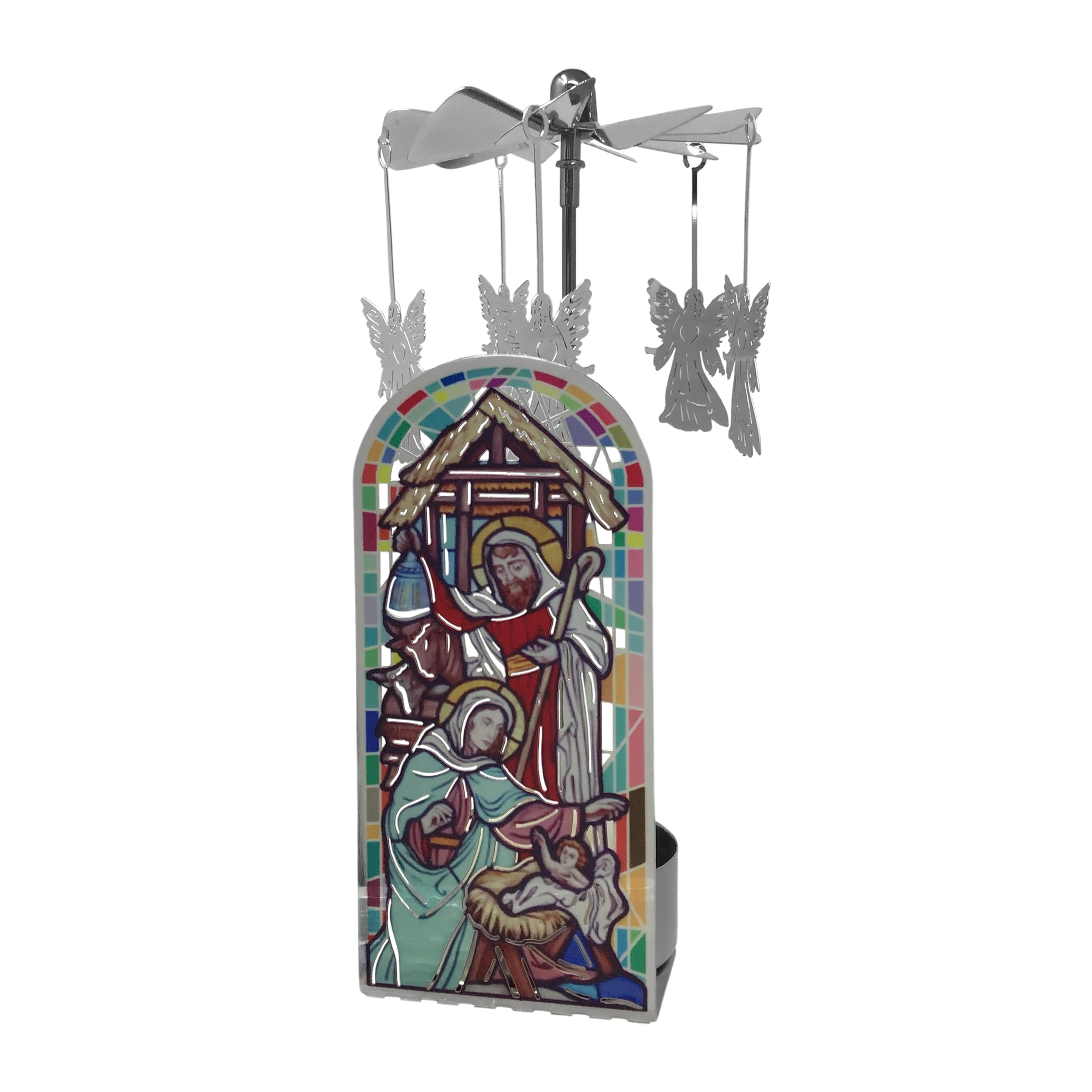 Nativity Rotating Candle Holder with Silver Spinning Angels - Holy Family Christmas Candle Spinner - Tea Light Candle Included -