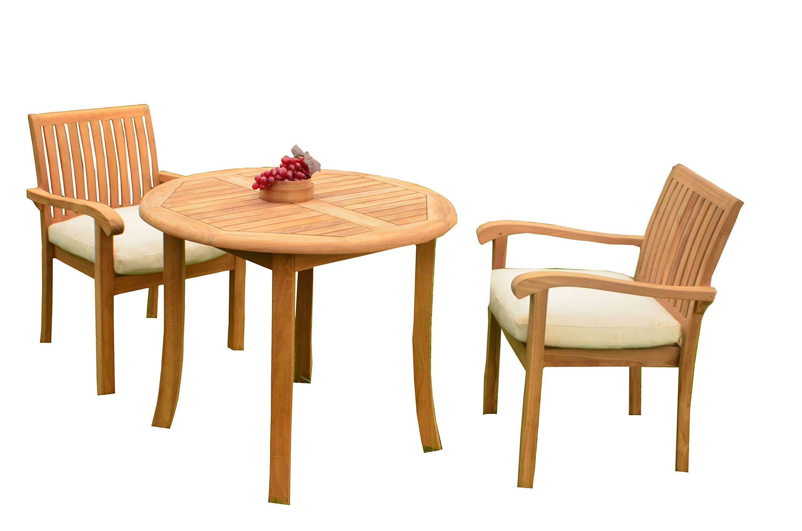 3 PC A Grade Outdoor Patio Teak Dining Furniture Set - 36 Round Table & 2 Naples Stacking Arm Chairs