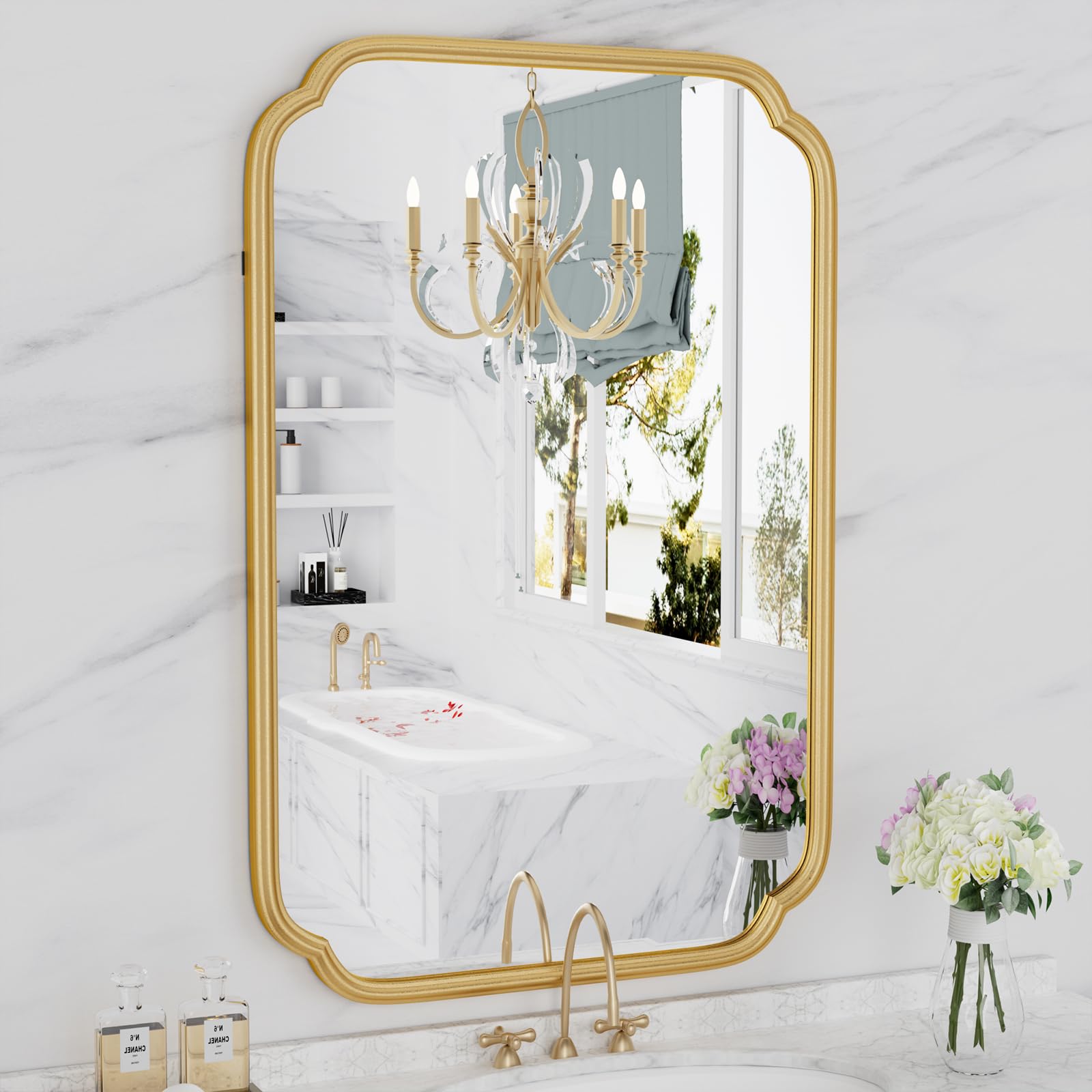 Ferytange Gold Bathroom Mirror for Wall 20 x 30 Modern Rounded Corner Rectangle Mirror with Non-Rusting Iron Metal Framed Bathro