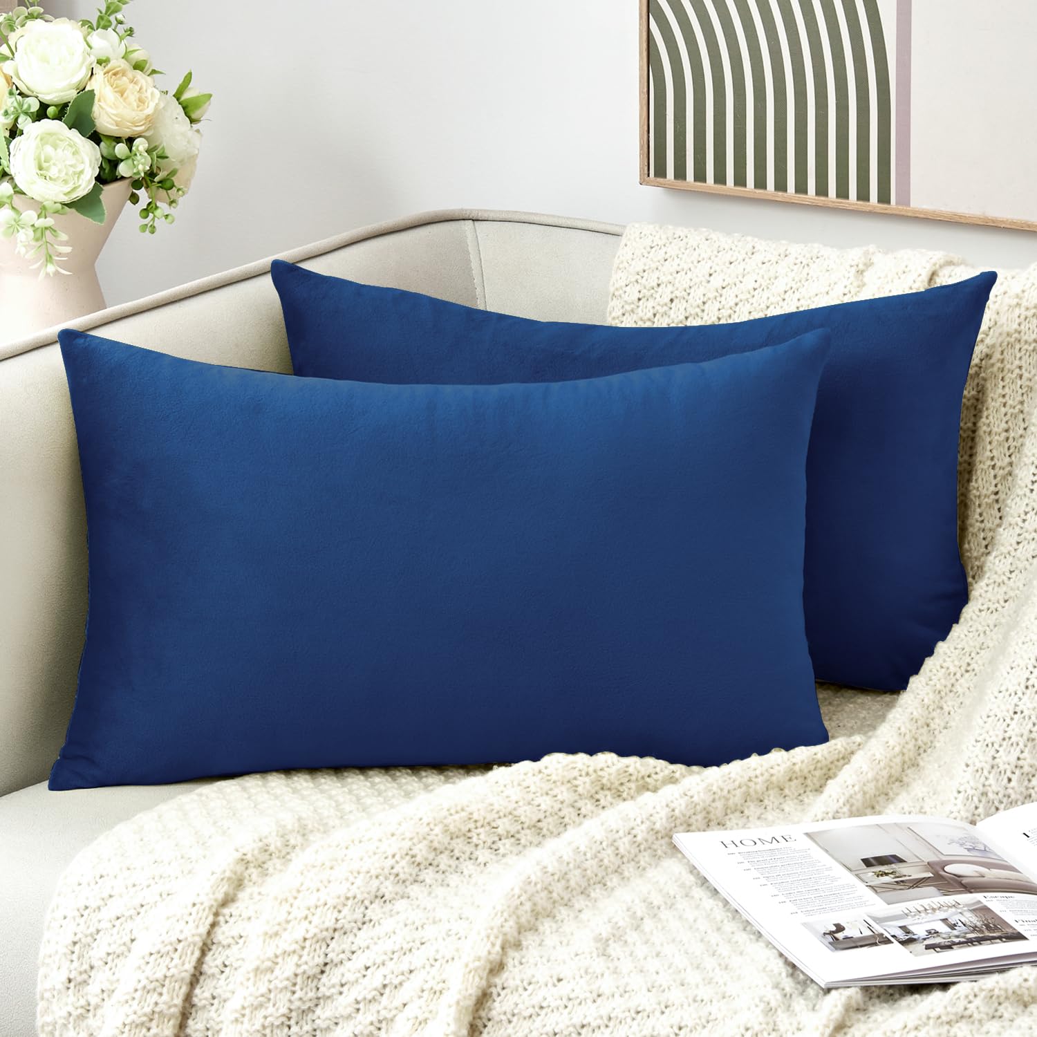 Grineed Throw Pillow Covers Decorative Velvet Set Of 2 12X20 Inch Pillow Covers, Soft Navy Blue Lumbar Pillowcases For Couch Sof