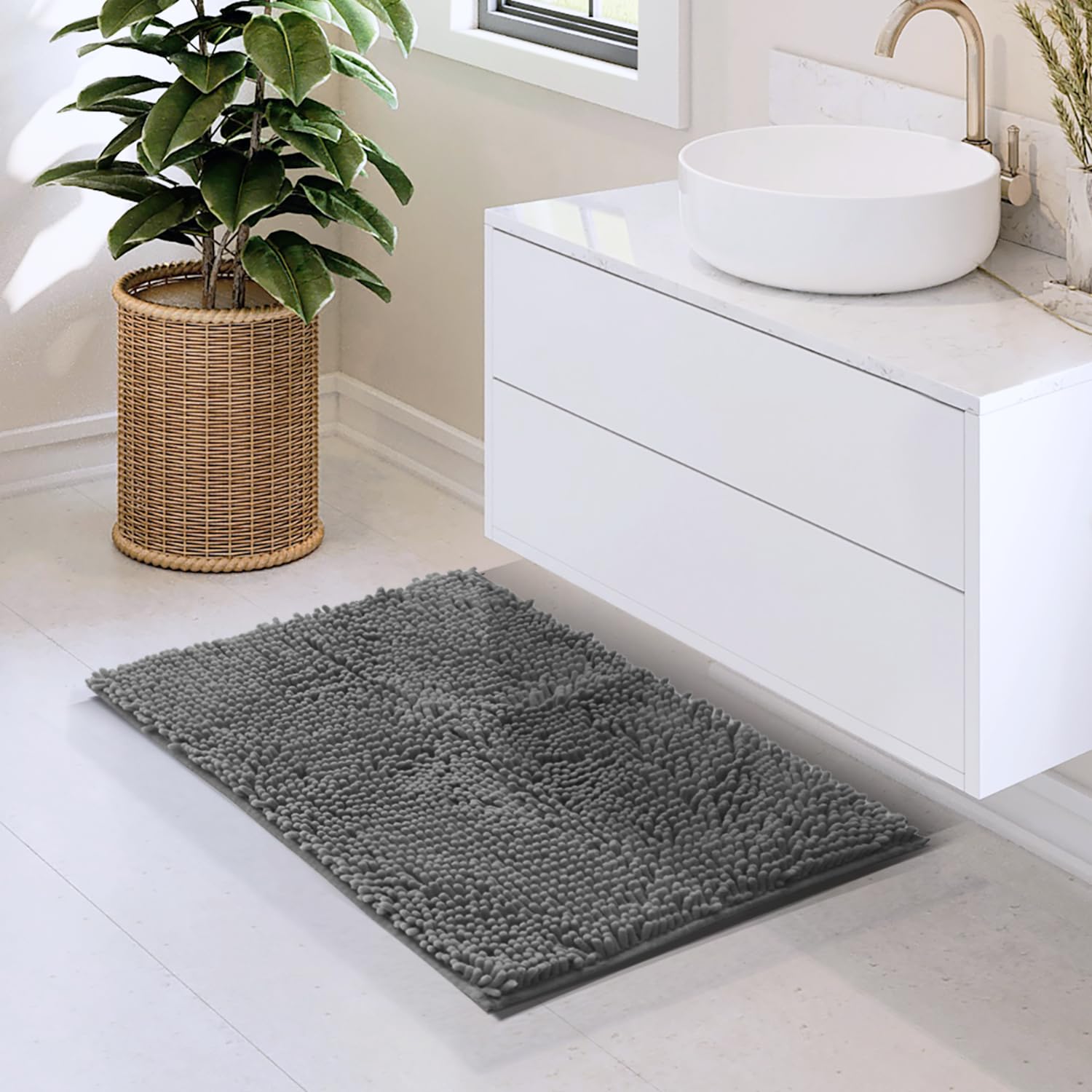 Hearth & Harbor Bathroom Rugs, Chenille Bath Mat - Machine Washable Bath Mats For Bathroom Non-Slip Backing Rubber, Quick Dry Ba