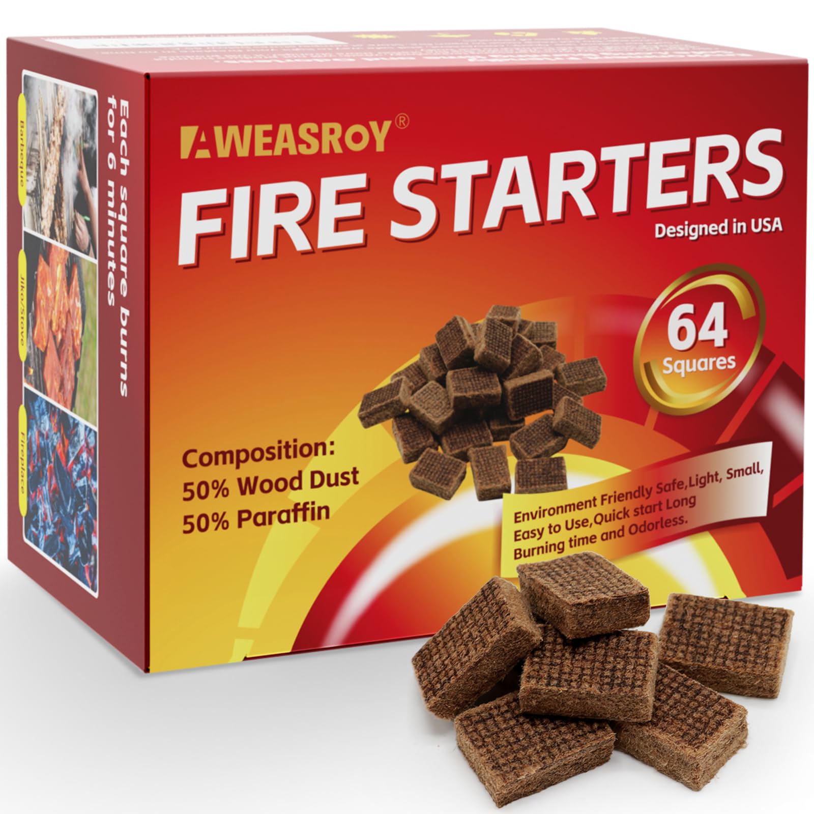 Fire Starter Squares 64 - Fire Starters For Fireplace,Chimney,Bbq Grill,Camping Fire,Wood Stove - Water Resistant And Safe Odour