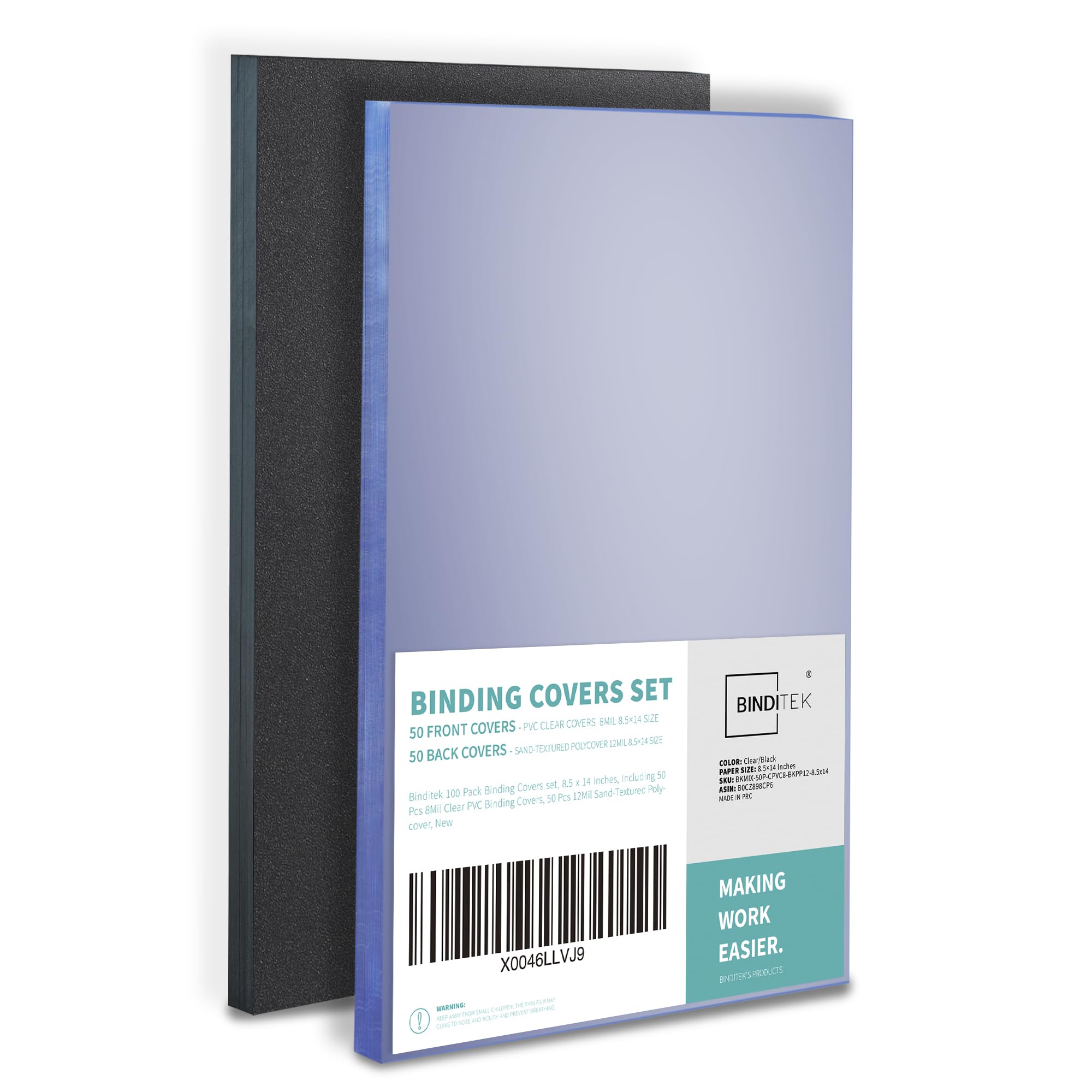 Binditek 100 Pack Binding Covers And Backs Set, 8.5 X 14 Inches, 50 Clear Pvc (8Mil), 50 Sand-Textured Polycovers (12Mil), Legal